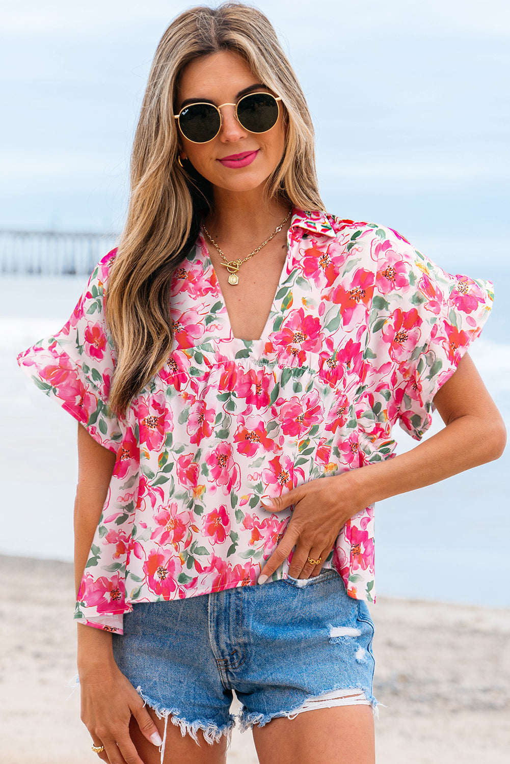Yellow Floral Boxy Fit Ruffled Short Sleeve V Neck Blouse