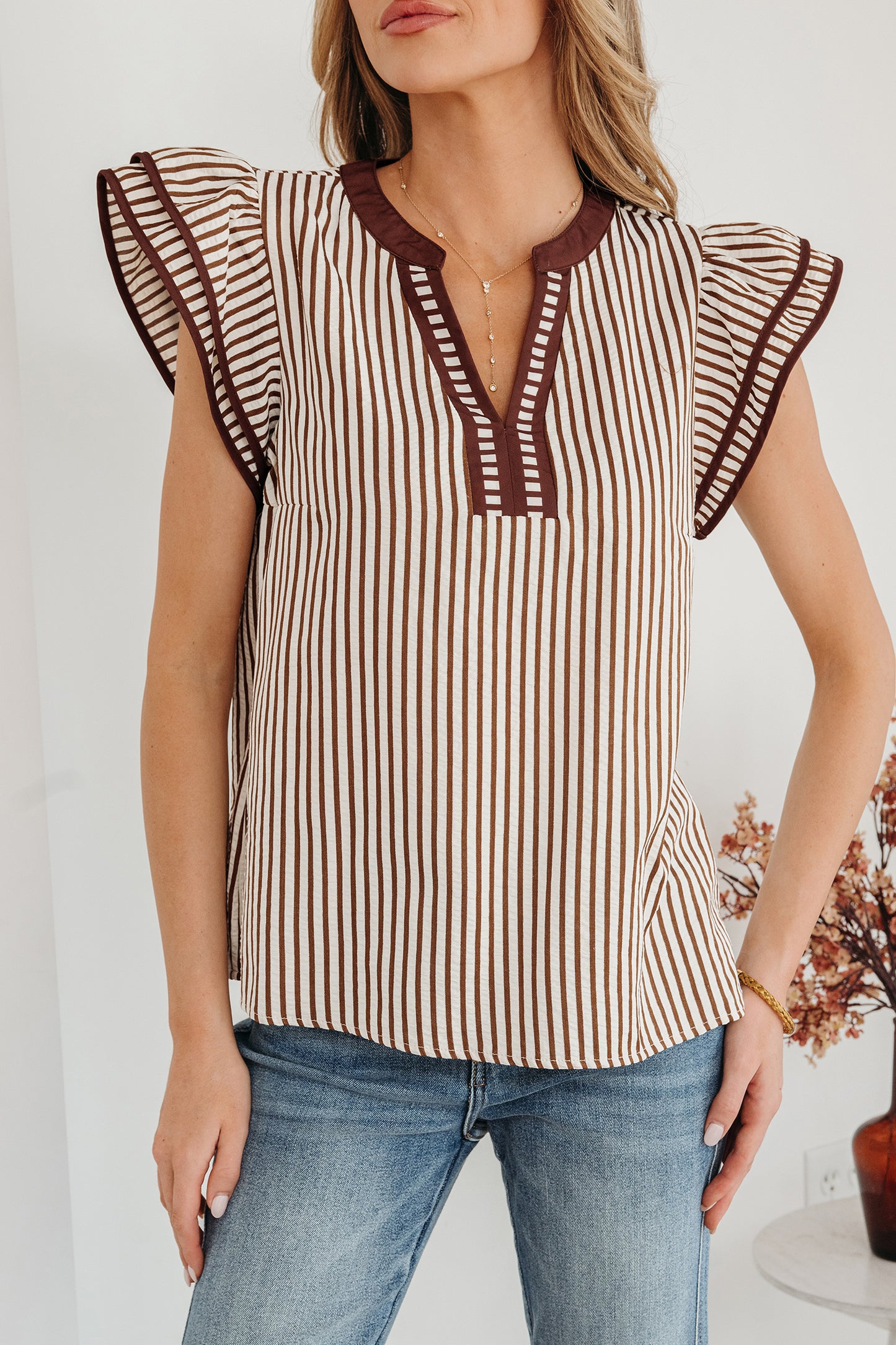 Khaki Stripe Double Ruffled Short Sleeve V Neck Blouse