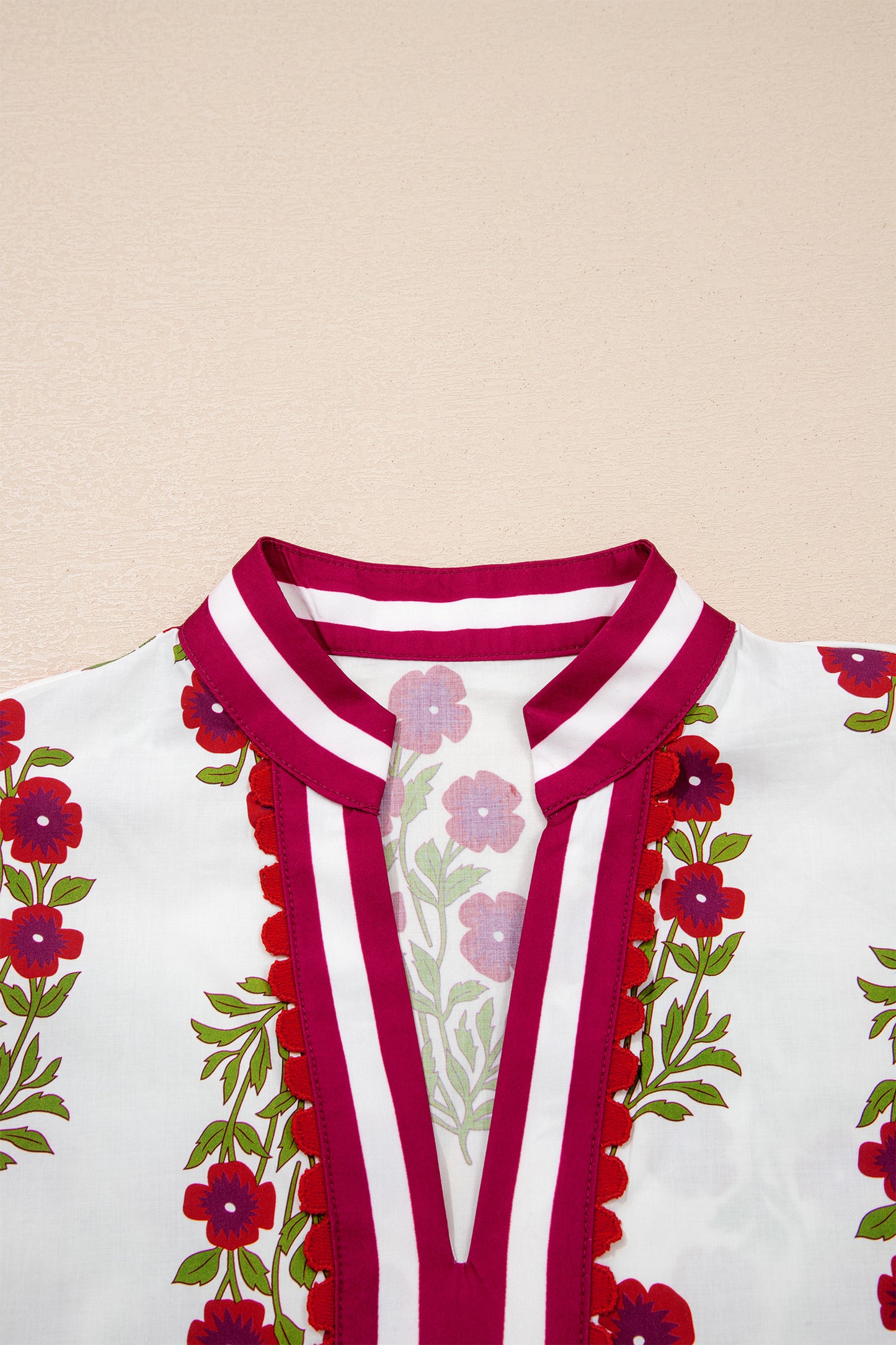 Black Floral Short Bubble Sleeve Contrast Slit Neckline Blouse