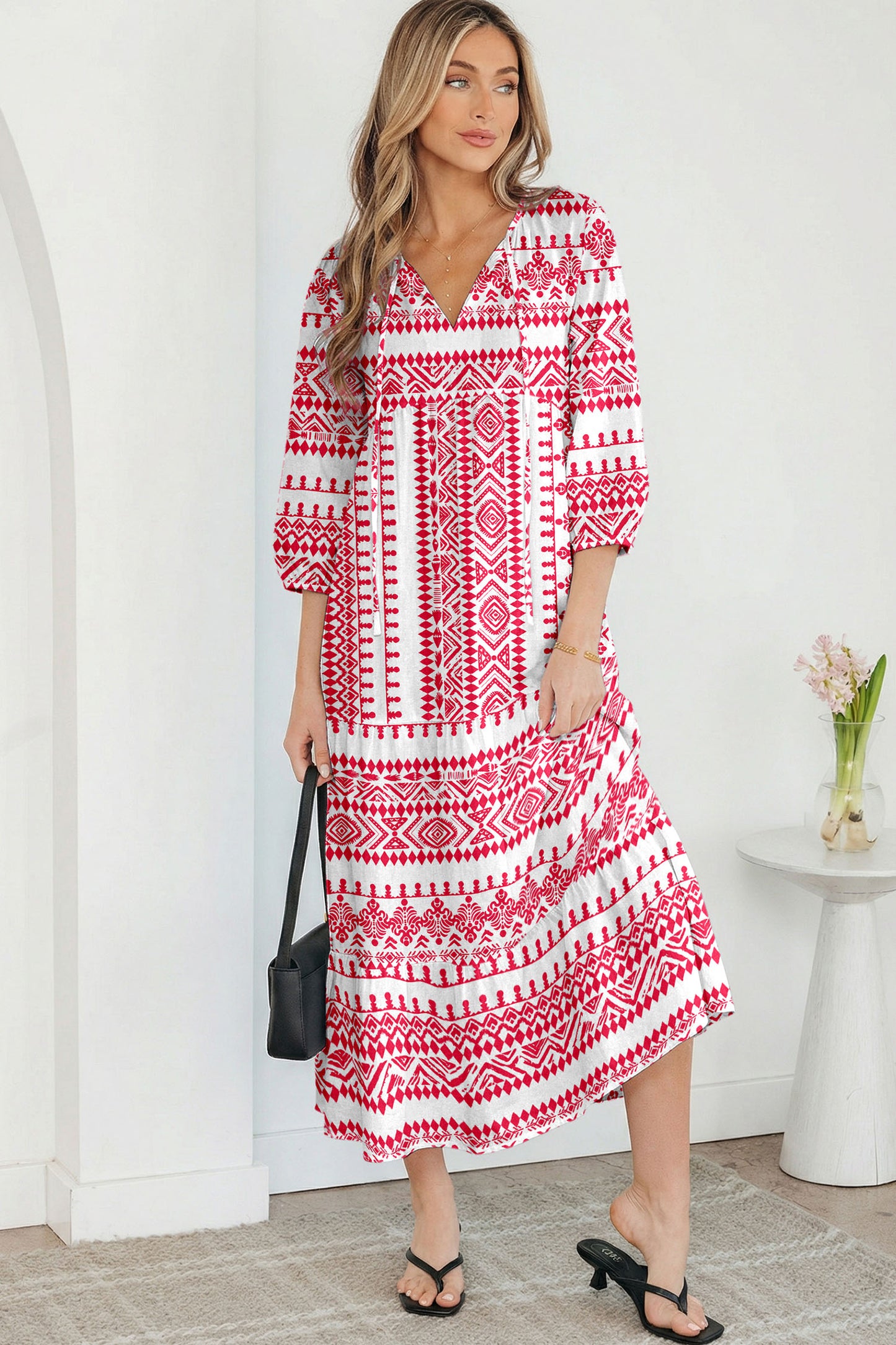 Red Boho Printed Half Sleeve Maxi Dress