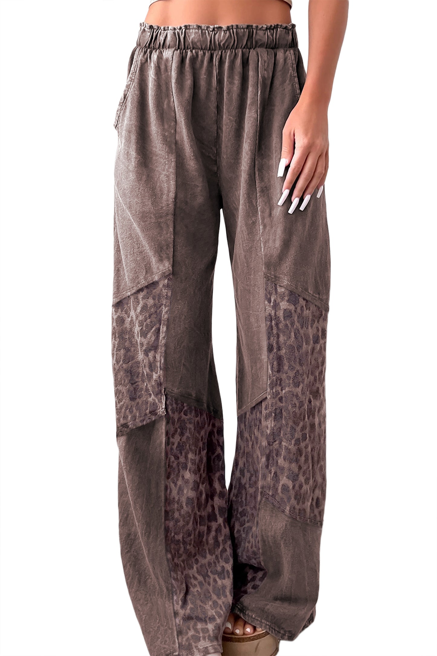 Dark Grey Mineral Wash Leopard Patchwork Loose Pants