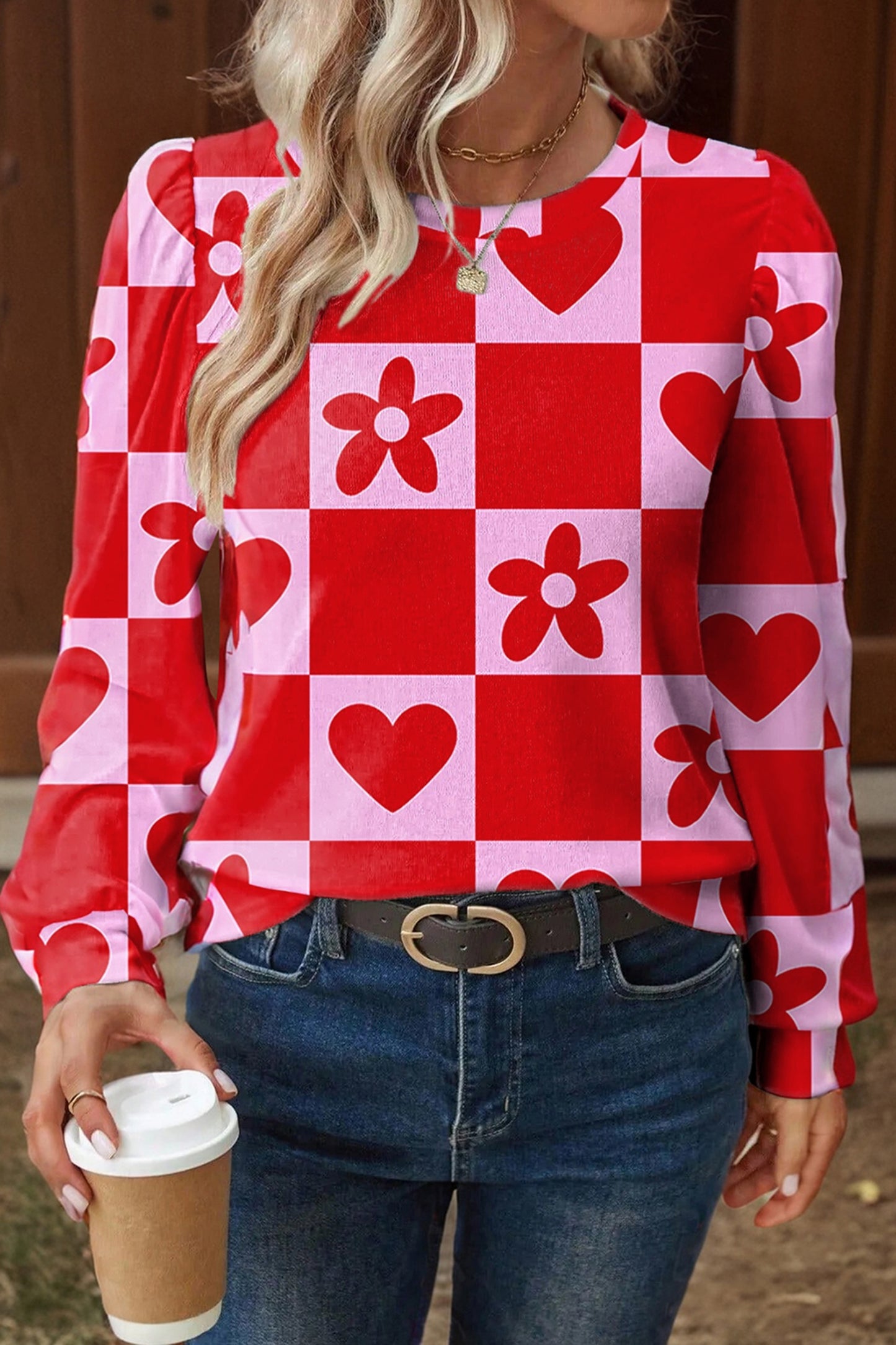 Beige Flower Heart Festive Valentine Blouse