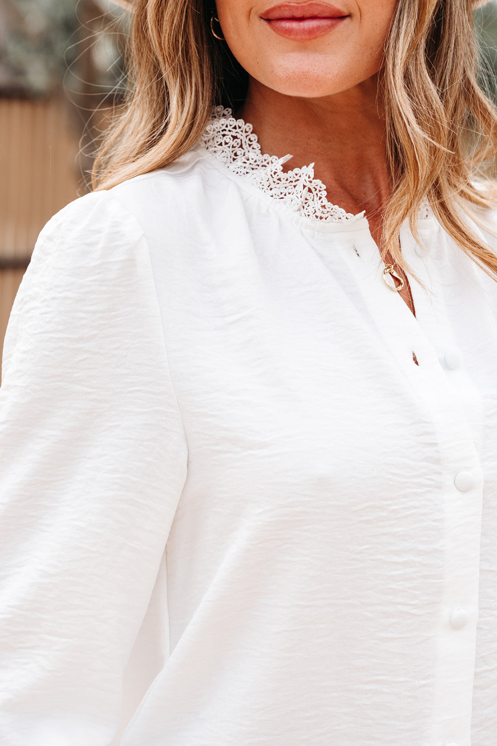 White Lace Patchwork Buttoned Stand Neck Loose Shirt