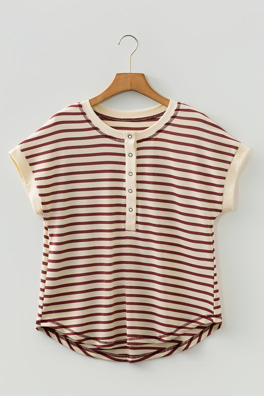 Red Stripe Half Buttons Round Neck T Shirt