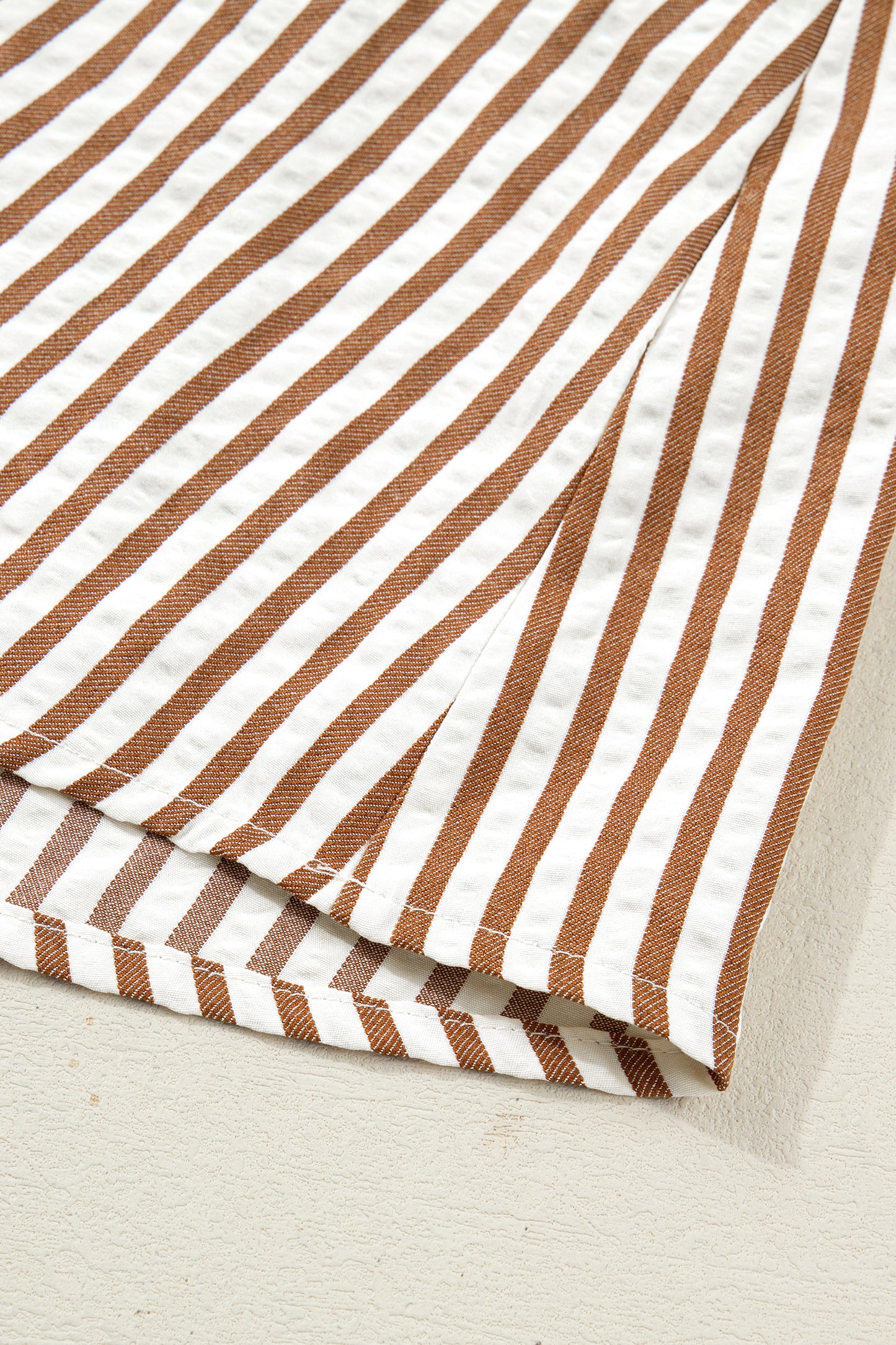 Brown Stripe Shirred V Neck Short Puff Sleeve Blouse