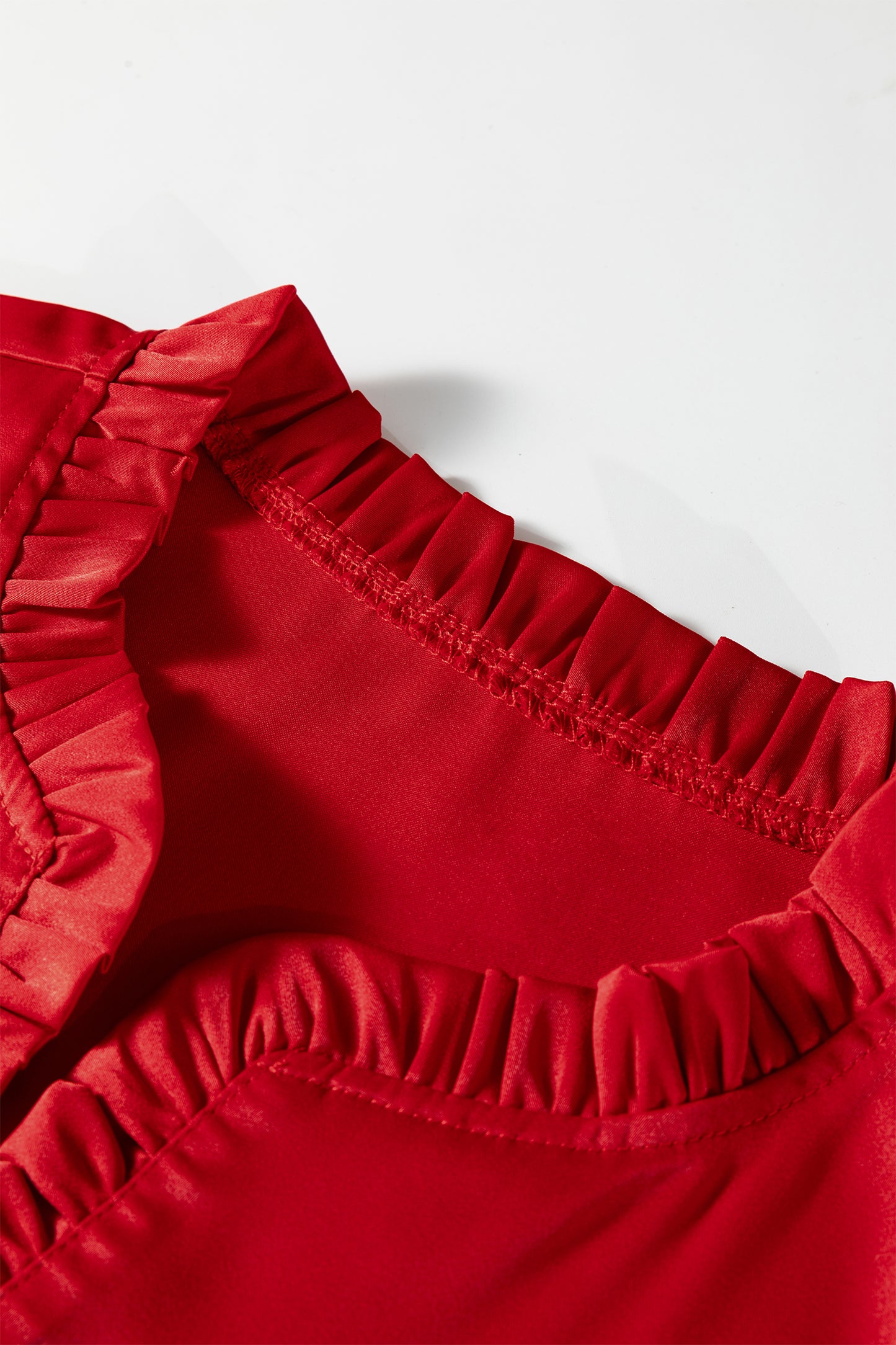 Fiery Red Solid Color Frilled V Neck Bow Detail 3/4 Sleeve Blouse