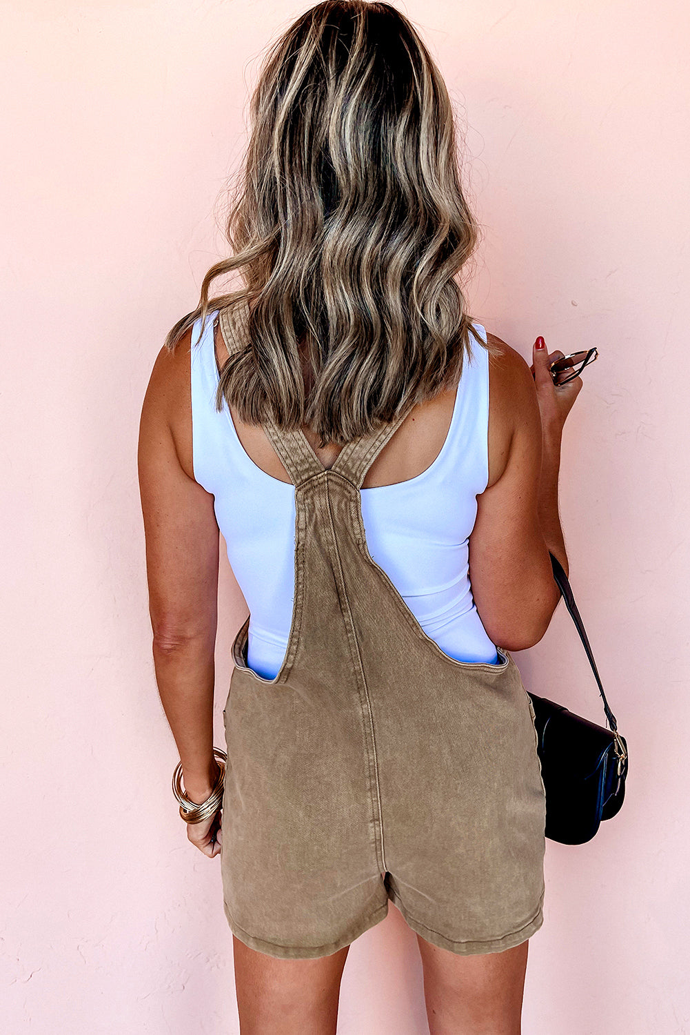 Pink Solid Color Knot Straps Denim Romper with Pockets