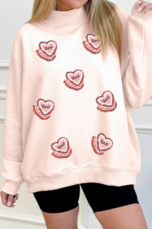 Light Pink Sequin Heart Patched Love Cake Mock Neck Sweatshirt