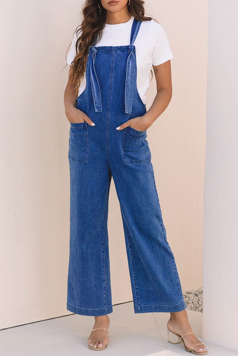 Prussian Blue Mineral Wash Knotted Strap Patched Pocket Wide Leg Denim Overall