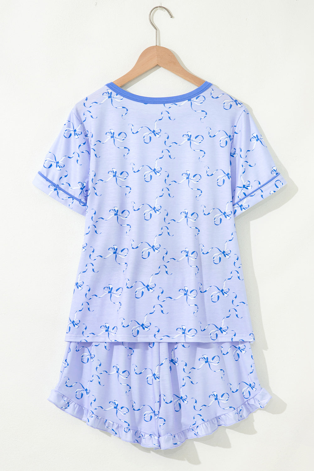 Sky Blue Bow Printed Ruffled Short Lounge Set