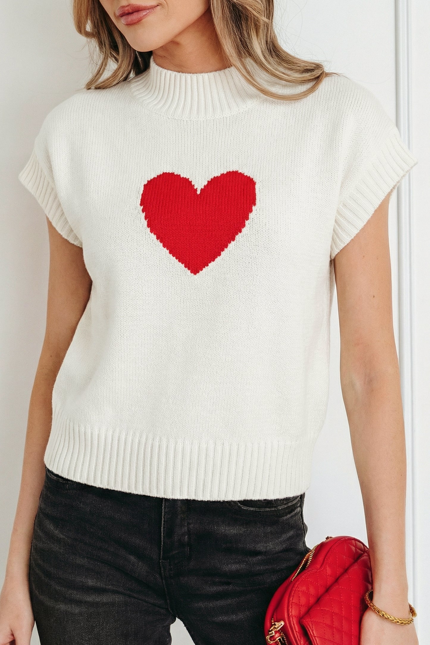 Pink Valentine Heart Graphic Cropped Short Sleeve Sweater