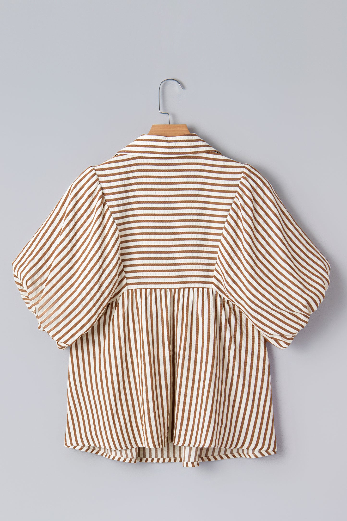 Brown Stripe Shirred V Neck Short Puff Sleeve Blouse