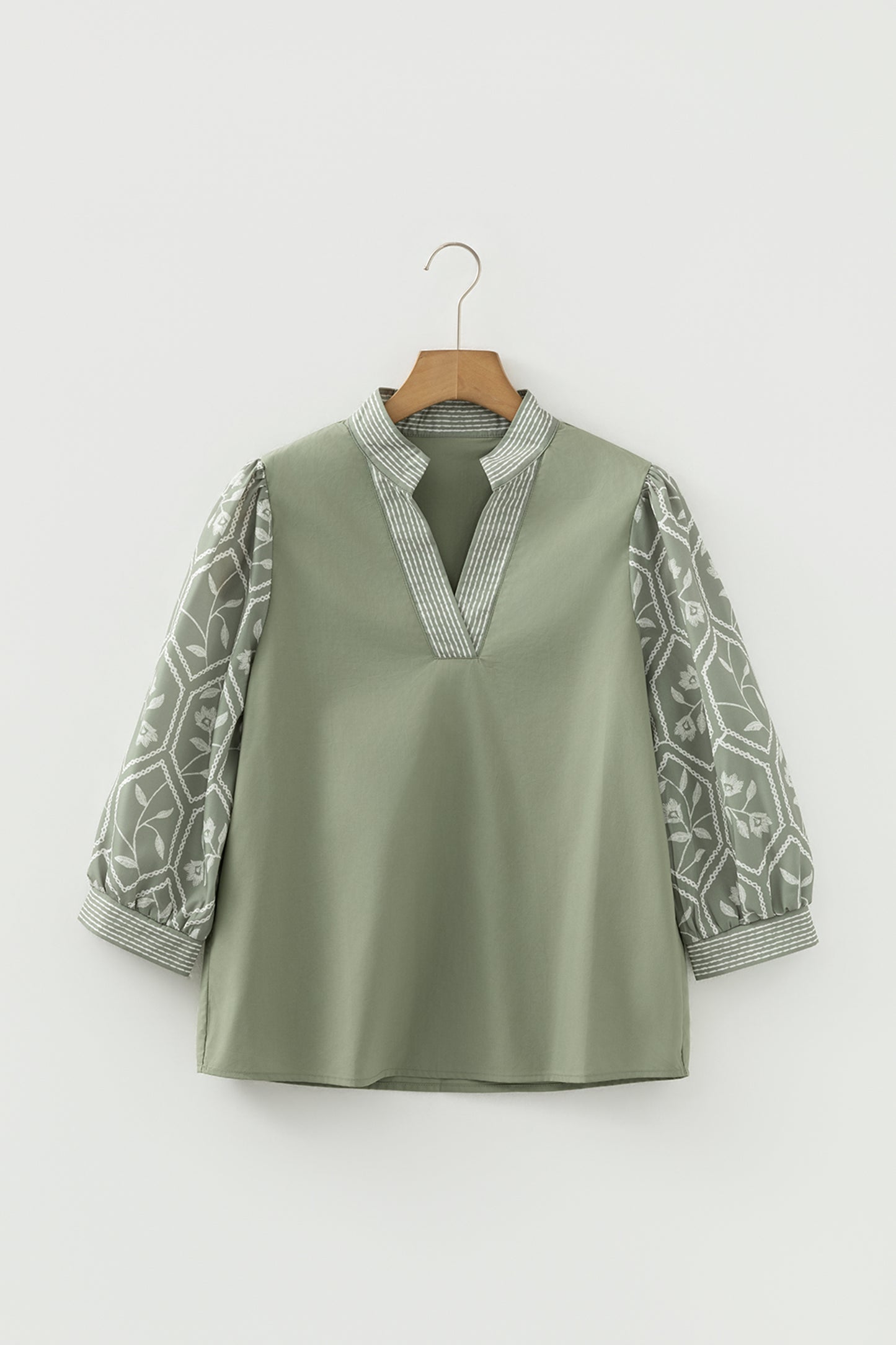 White Floral Puff Sleeve Contrast V Neck Patchwork Blouse