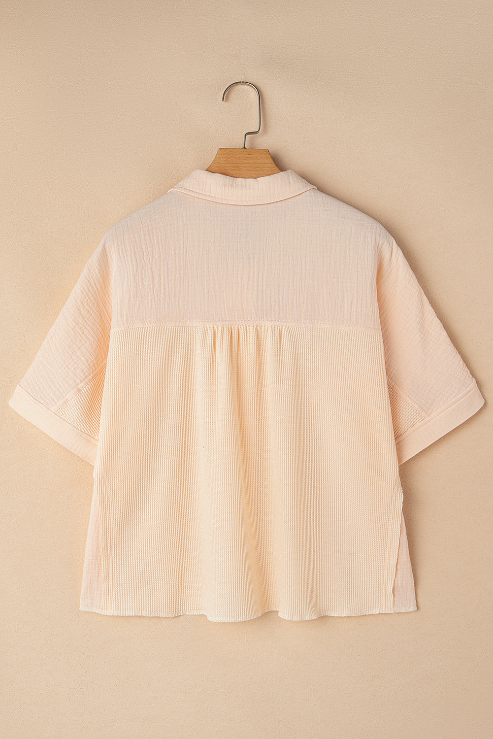 Beige Waffle Splicing Short Batwing Sleeve Flap Detail Shirt