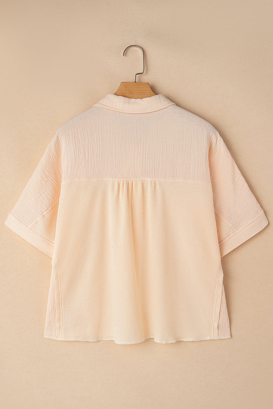 Beige Waffle Splicing Short Batwing Sleeve Flap Detail Shirt