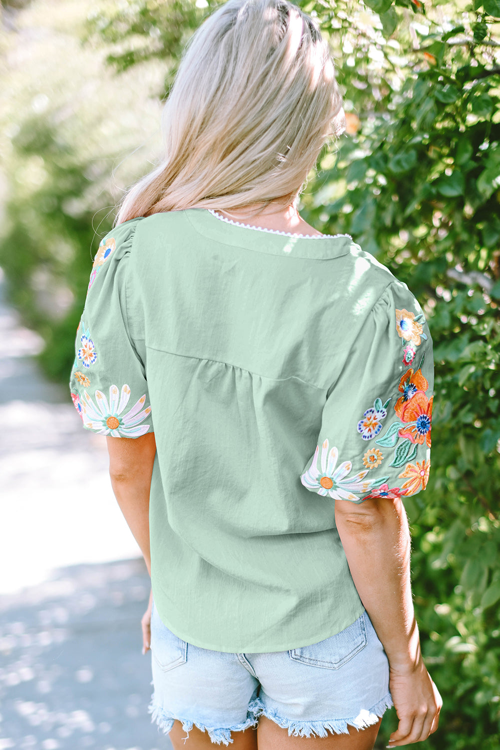 Beau Blue Floral Embroidered Puff Sleeve Split Neck Blouse