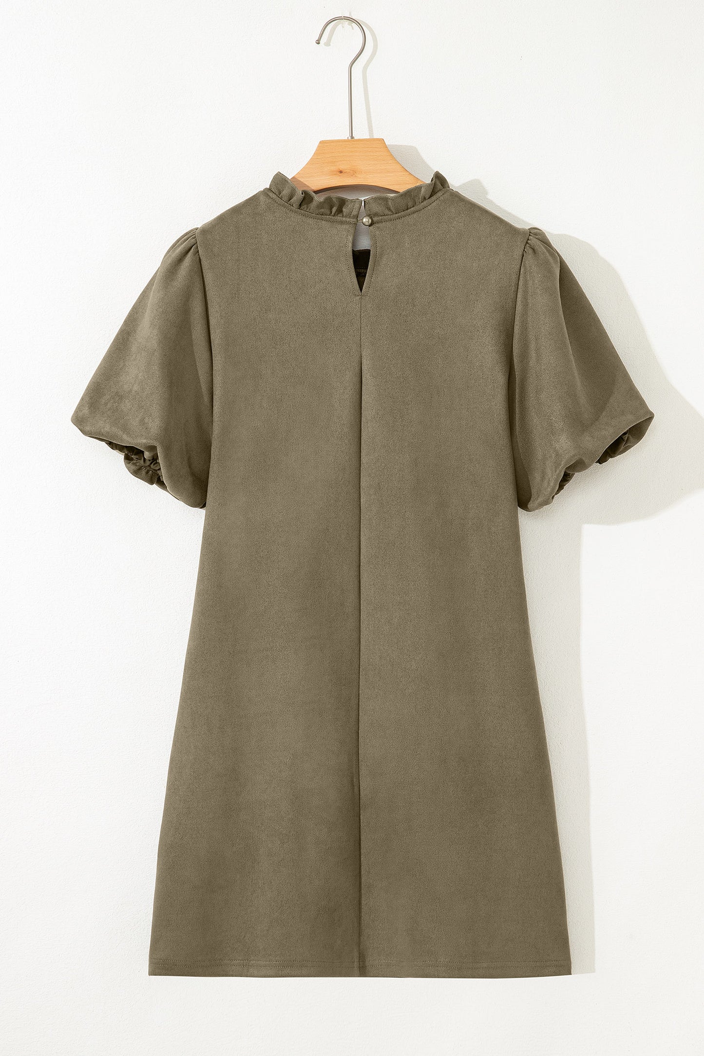 Moss Green Frilled Round Neck Short Puff Sleeve Shift Mini Dress