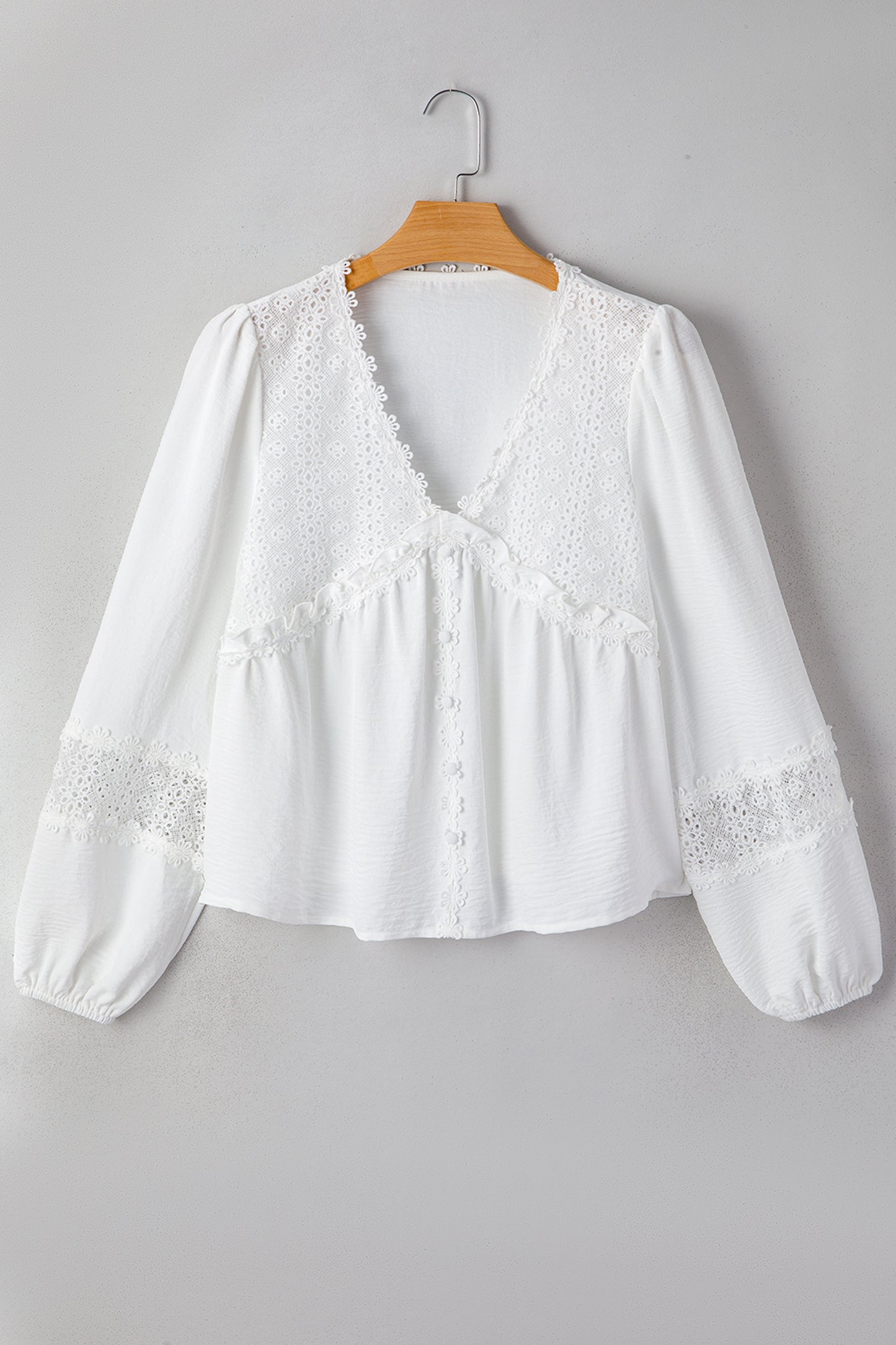 White Solid Color Floral Guipure Lace Patchwork Frilled Long Sleeve Blouse