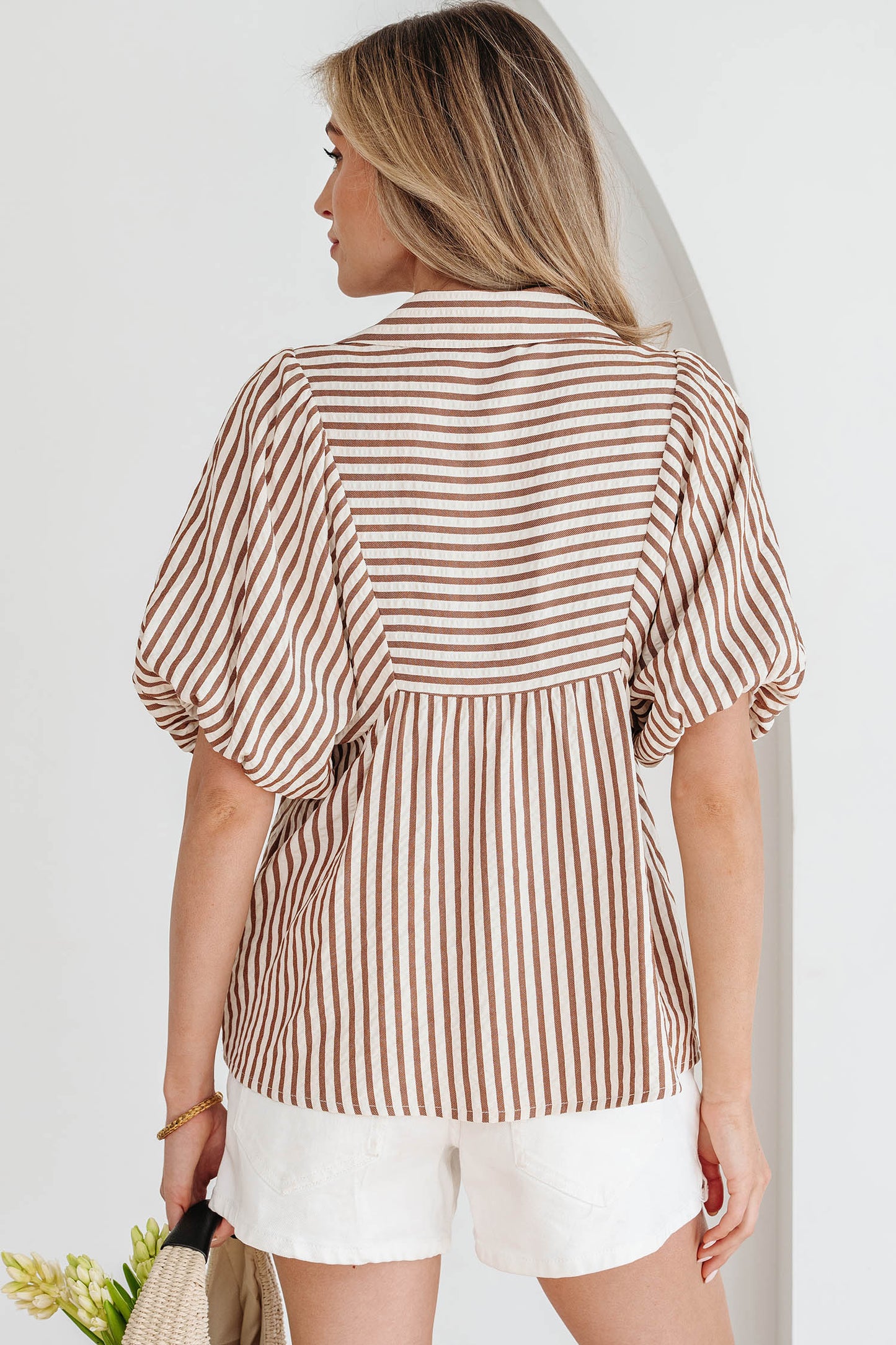 Brown Stripe Shirred V Neck Short Puff Sleeve Blouse