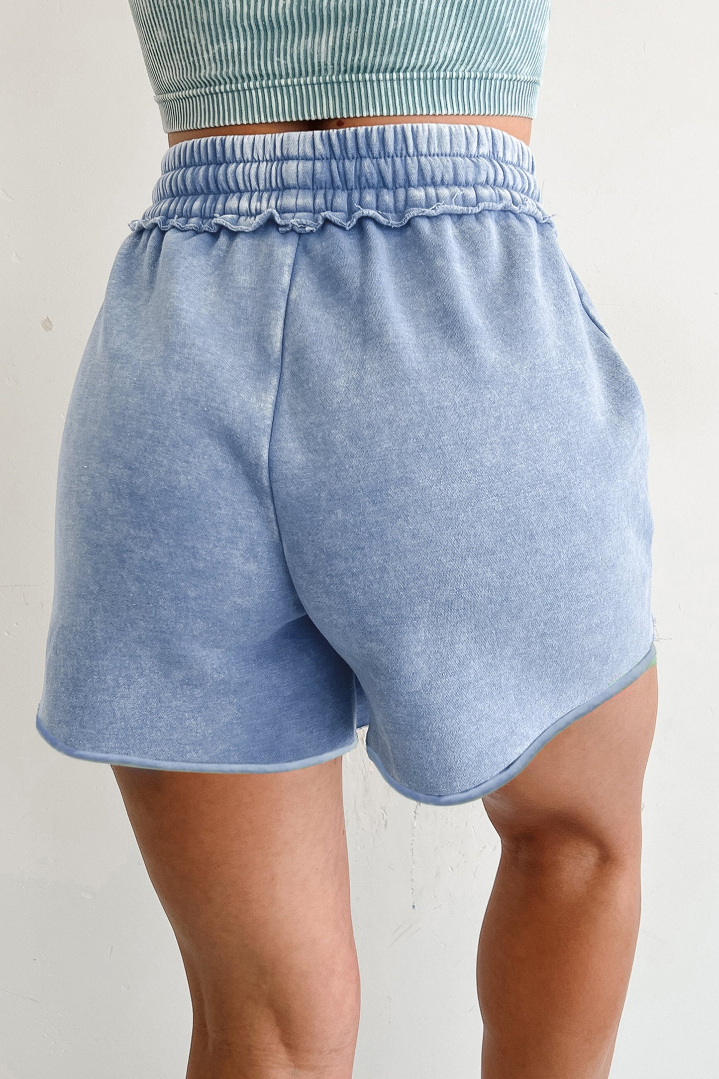 Rose Red Mineral Washed Drawstring Elastic Waist Raw Cut Shorts