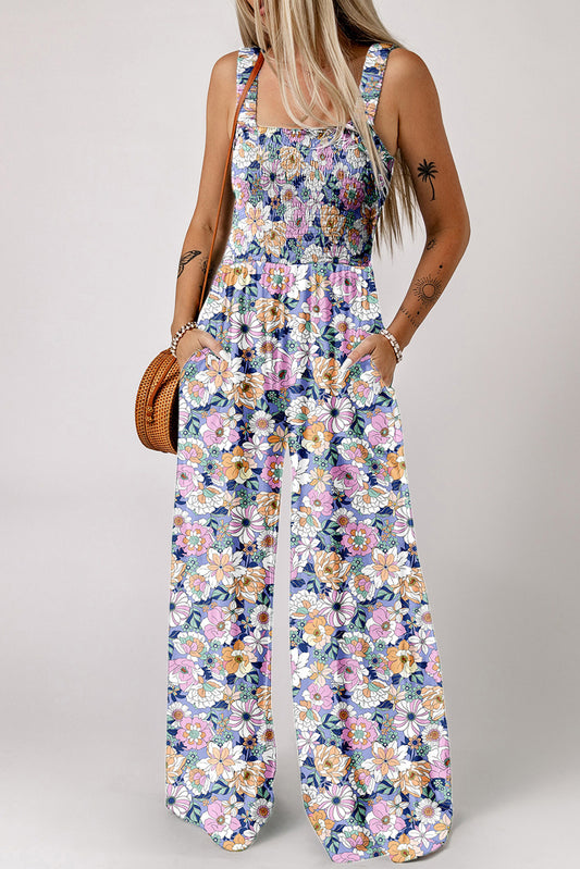 Purple Floral Print Smocked High Waist Square Neck Jumpsuit