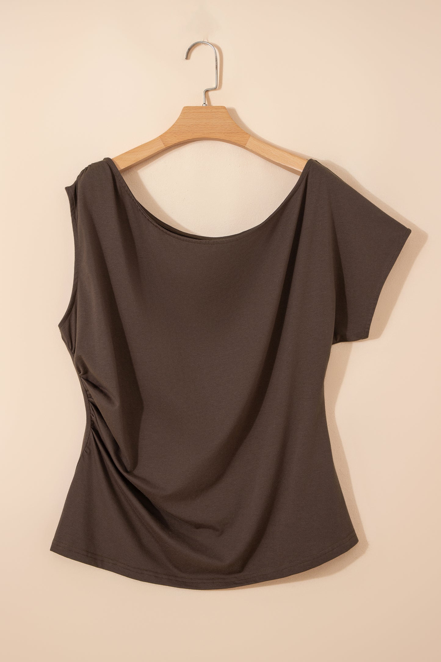Coffee Plus Size Solid Color Asymmetric Neck Short Sleeve Blouse