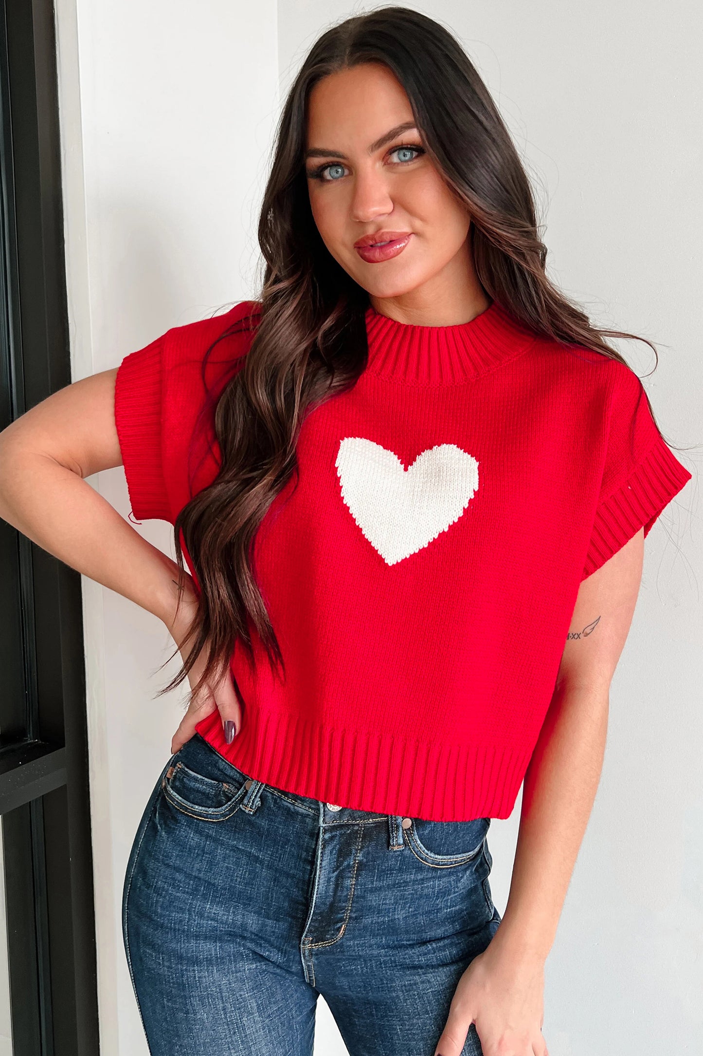 Pink Valentine Heart Graphic Cropped Short Sleeve Sweater
