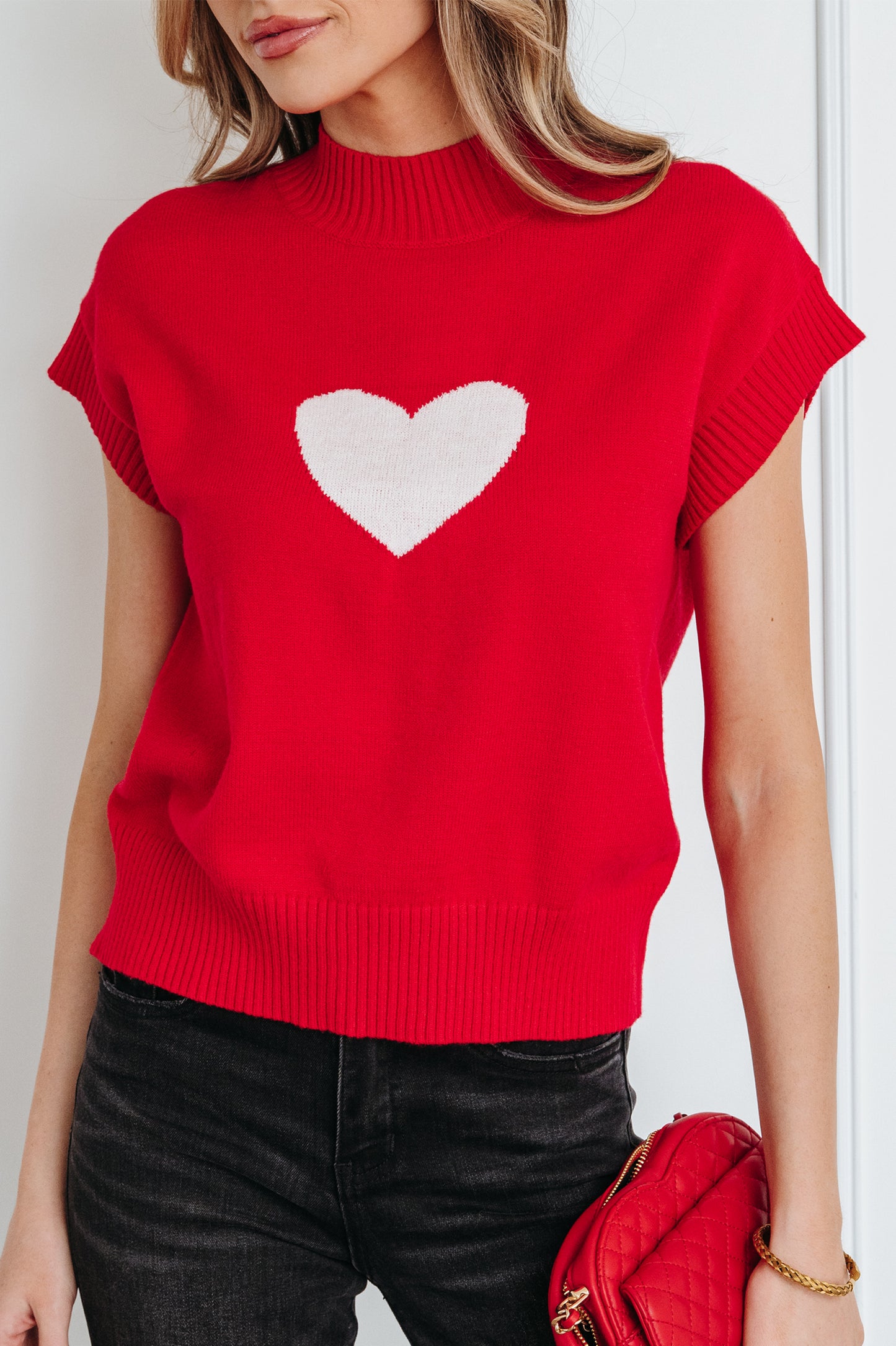 Pink Valentine Heart Graphic Cropped Short Sleeve Sweater