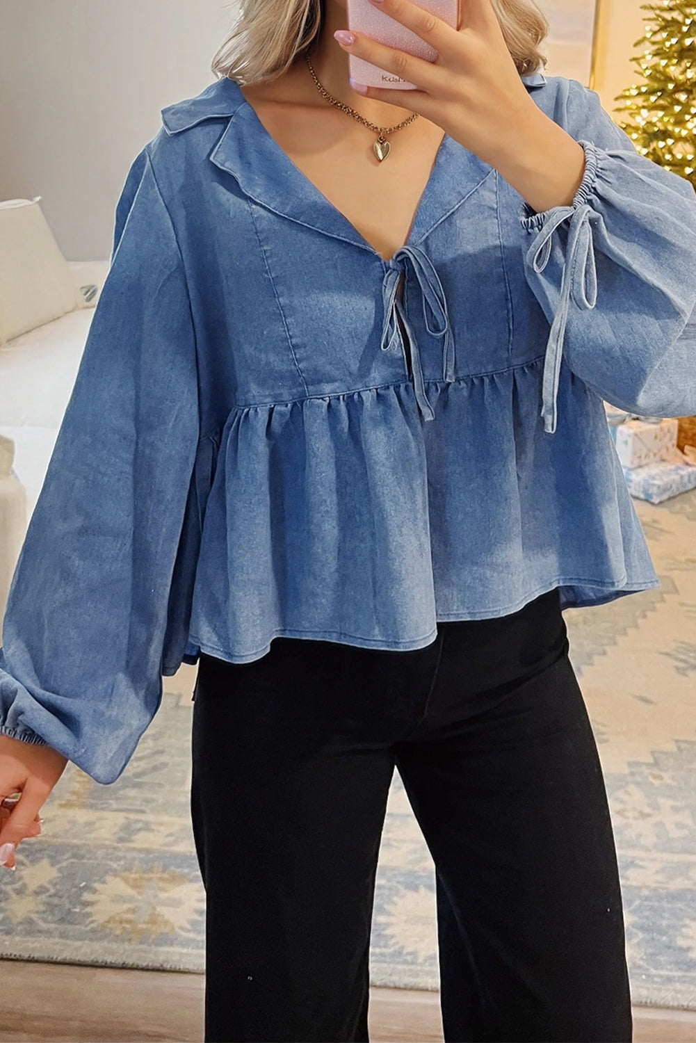 Dusk Blue Denim Lapel Neck Balloon Sleeve Tied Peplum Top