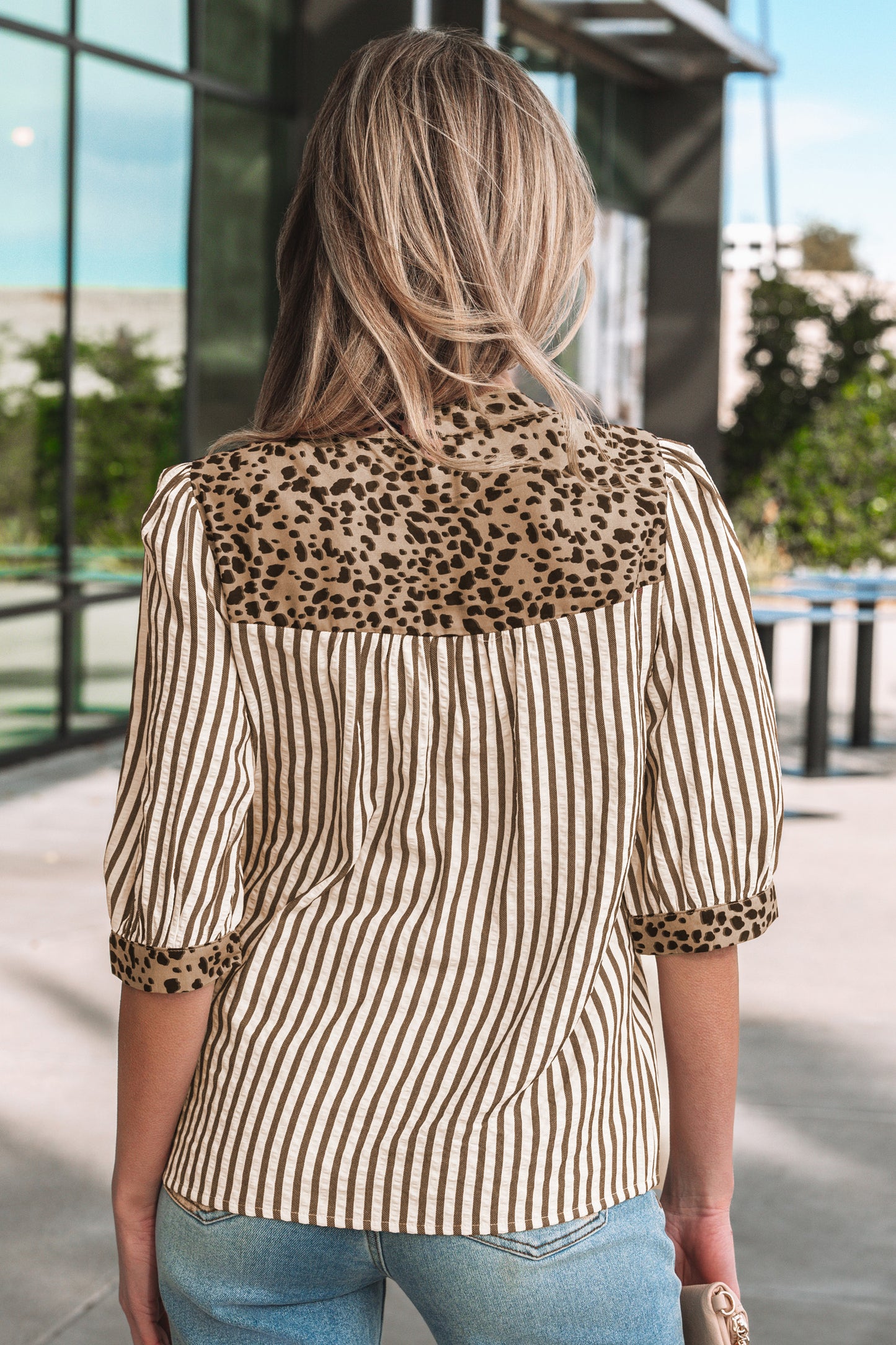 Brown Stripe Leopard Trim V Neck Button Down Half Sleeve Shirt