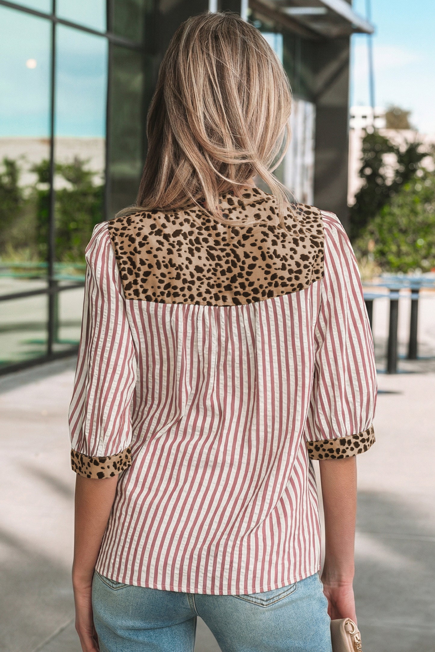 Brown Stripe Leopard Trim V Neck Button Down Half Sleeve Shirt