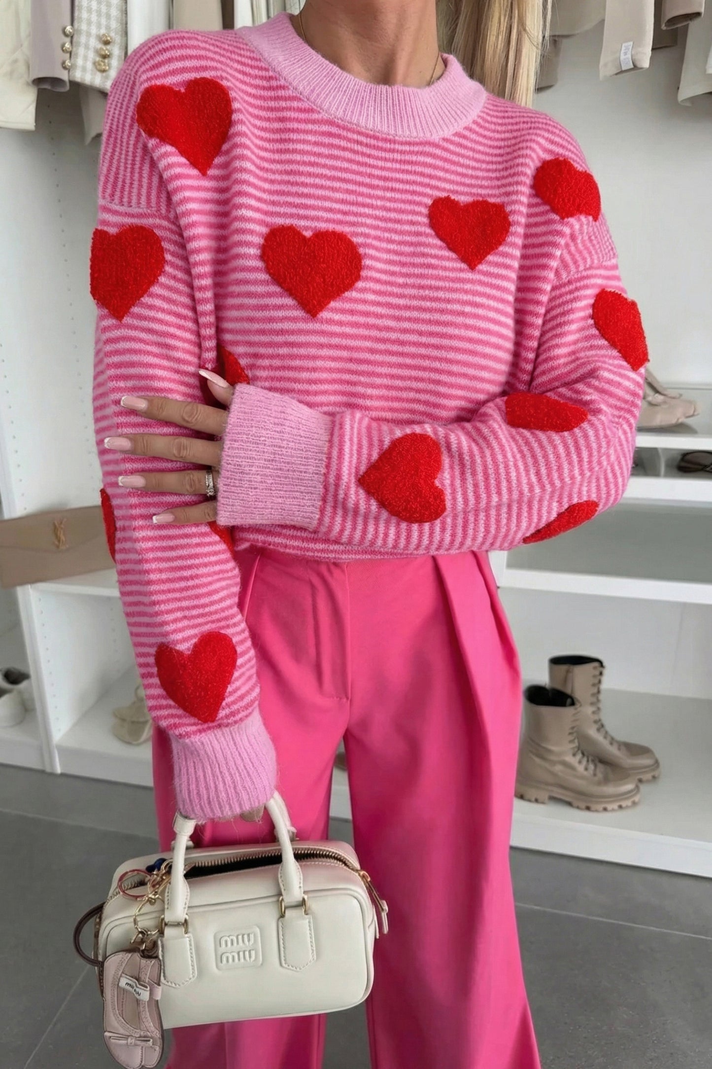 Gray Stripe Contrast Heart Pattern Valentine Knit Sweater
