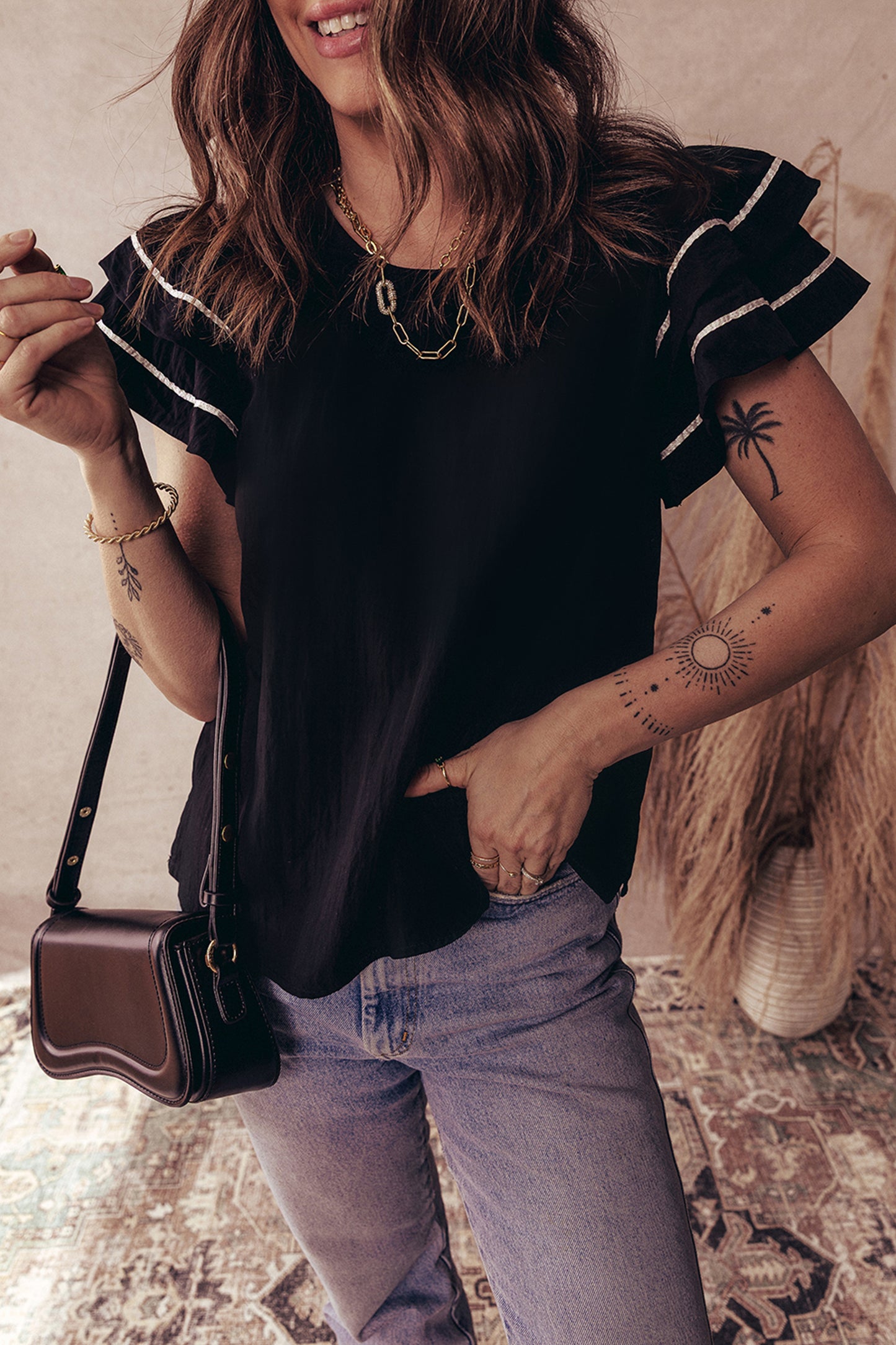 Black Contrast Trim Dual Ruffle Short Sleeve Textured Blouse