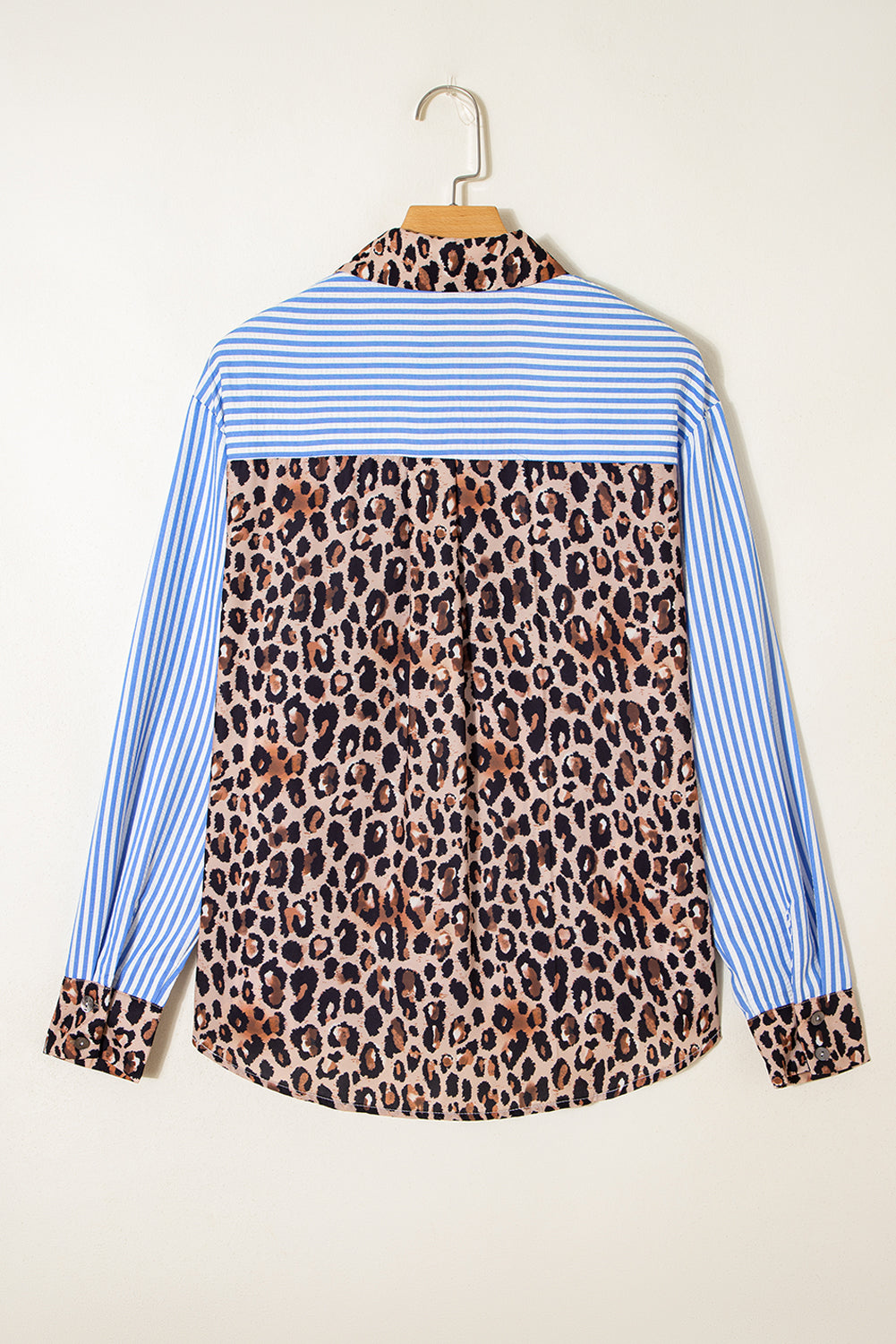Black Striped Leopard Print Patchwork Button Up Womens Shirt