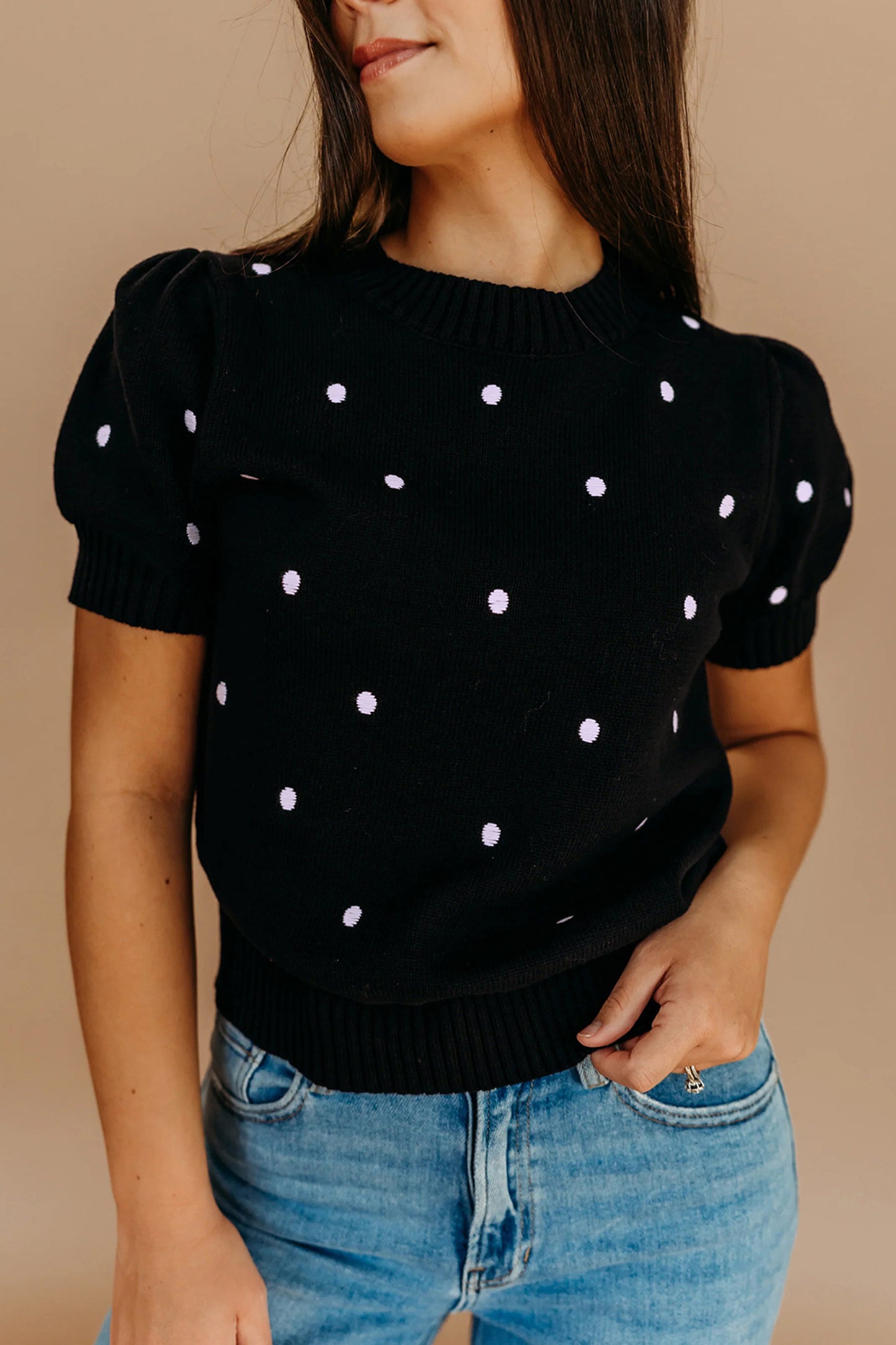 Chestnut Elegant Polka Dot Bubble Short Sleeve Sweater