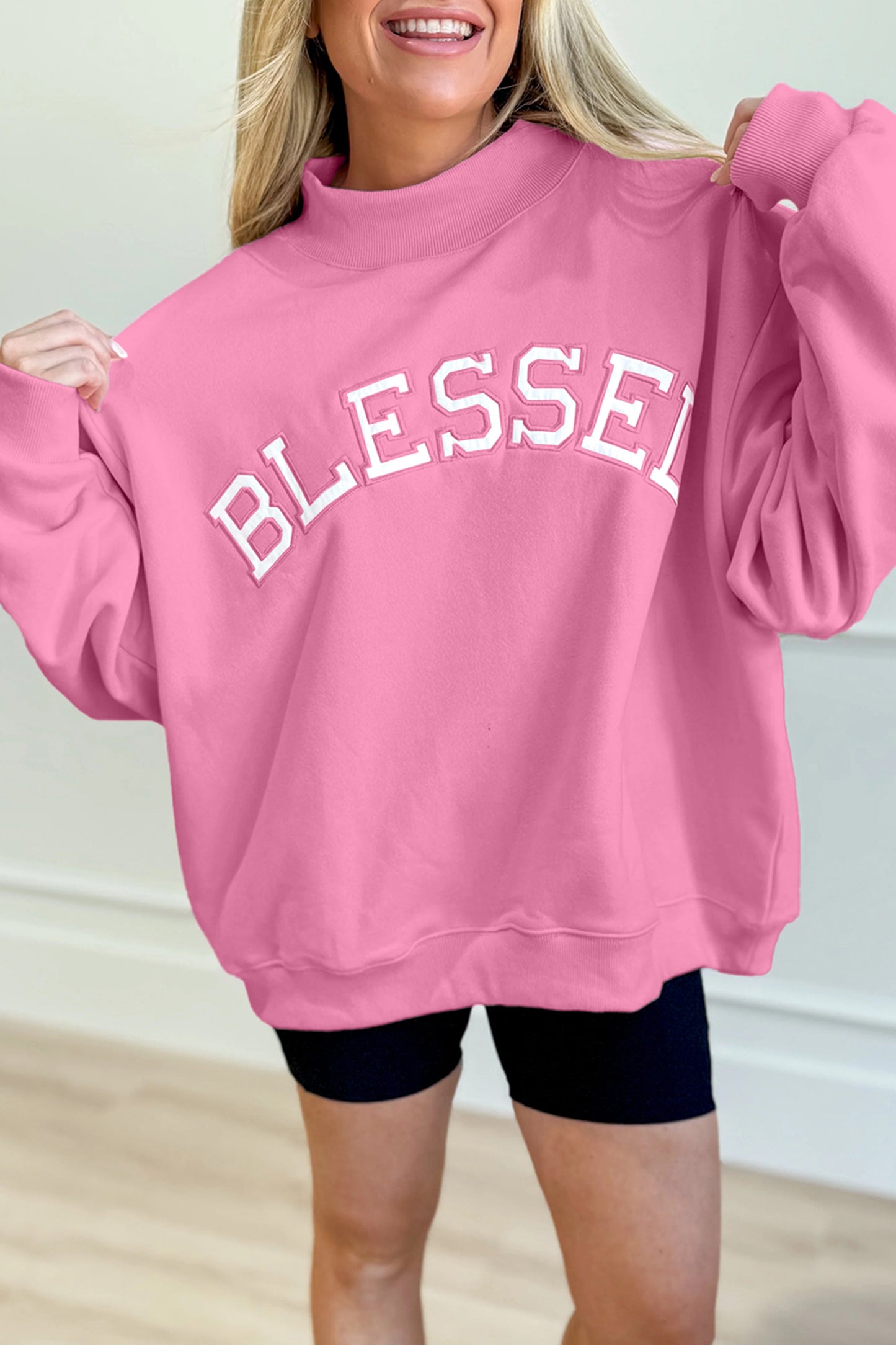 Sea Green Oversize Blessed Embroidered Mock Neck Sweatshirt