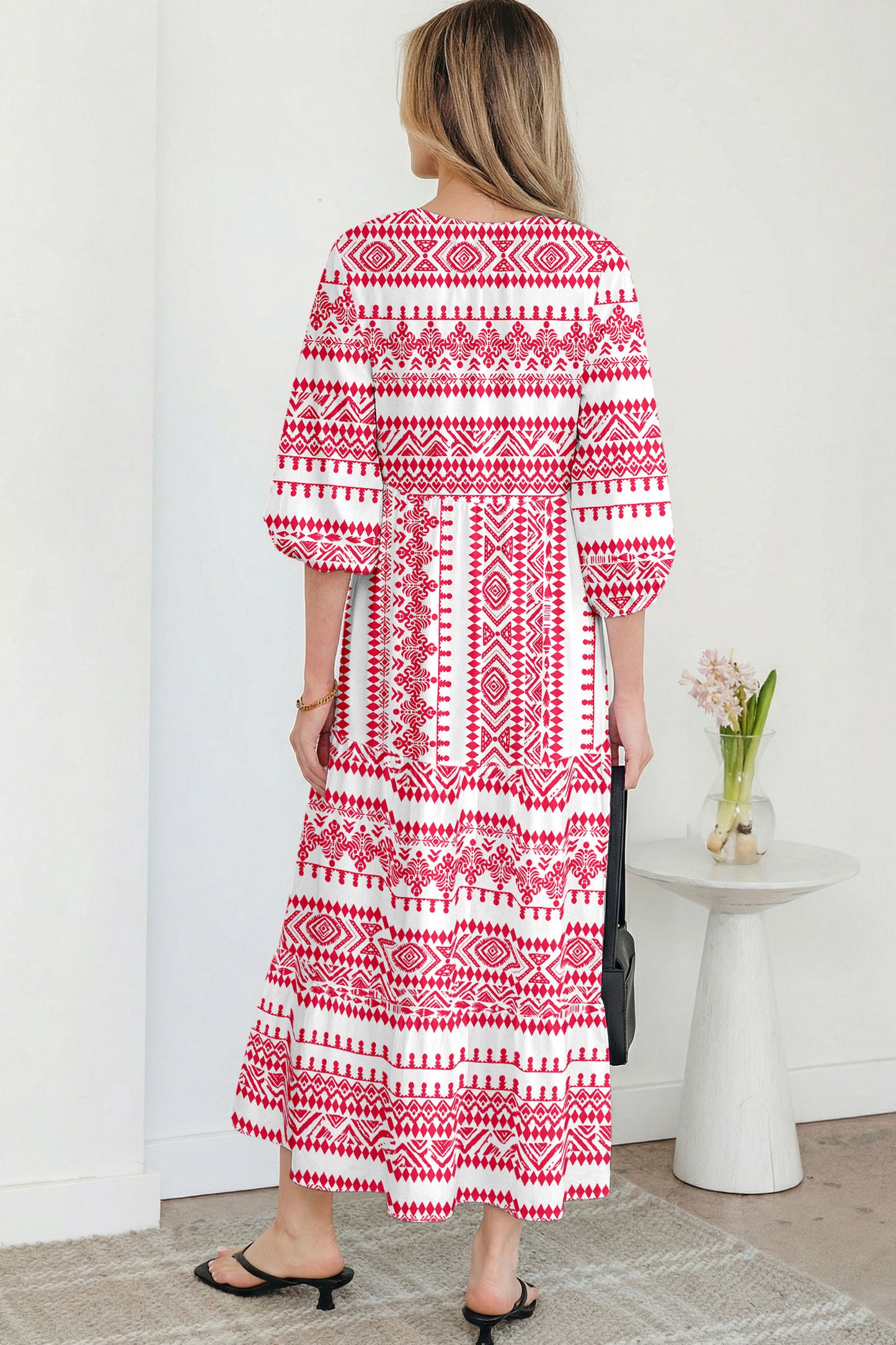 Red Boho Printed Half Sleeve Maxi Dress