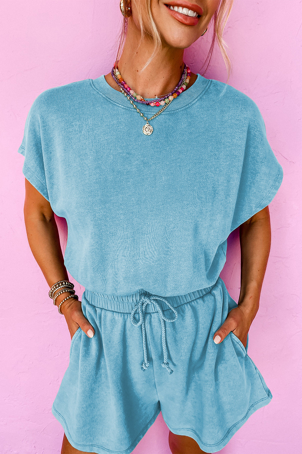 Sea Green Mineral Wash Drawstring Elastic Waistband Hollow Out Back Short Sleeve Romper