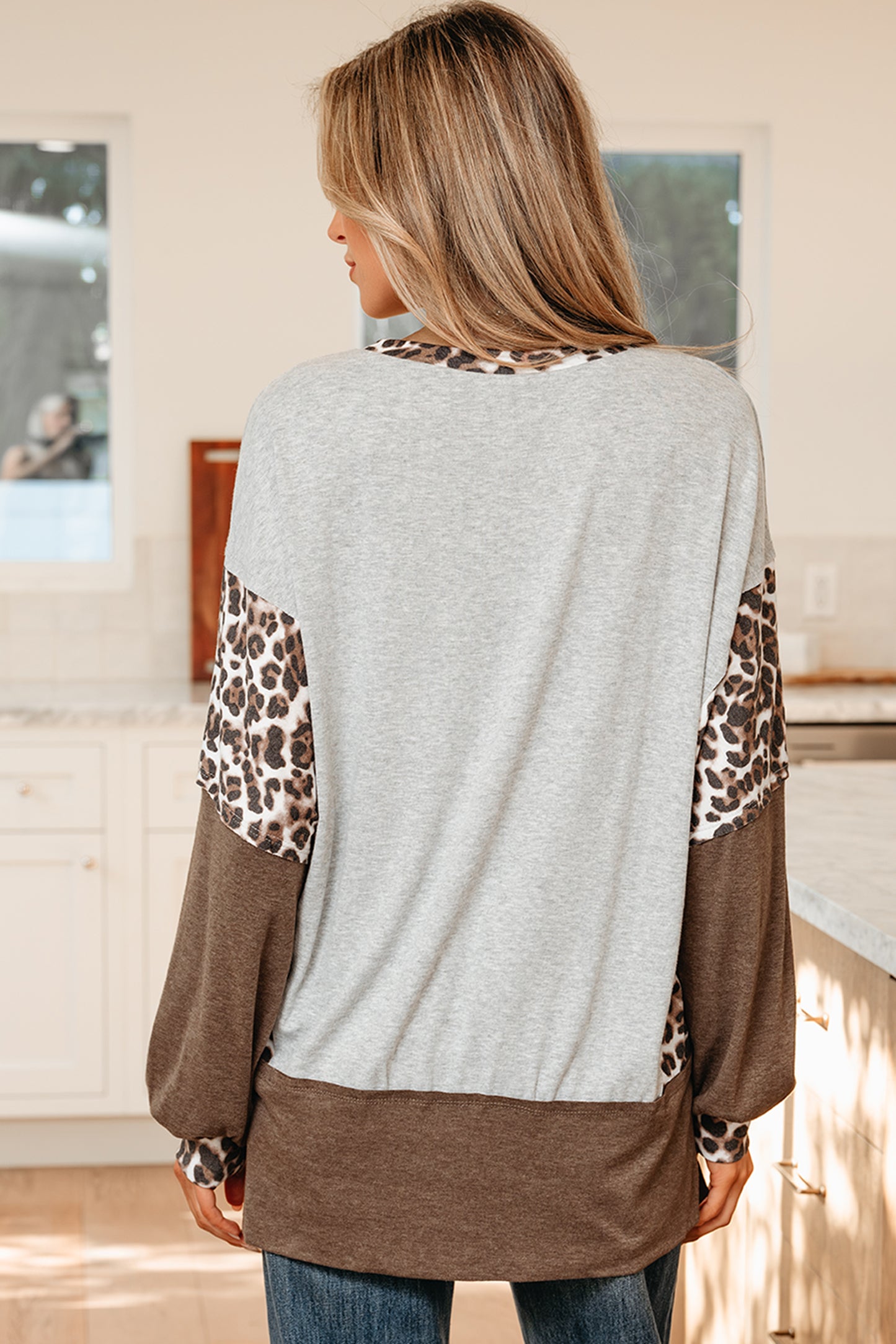 Light Pink Color Block Leopard Patchwork Dolman Sleeve High Low Baggy Sweatshirt