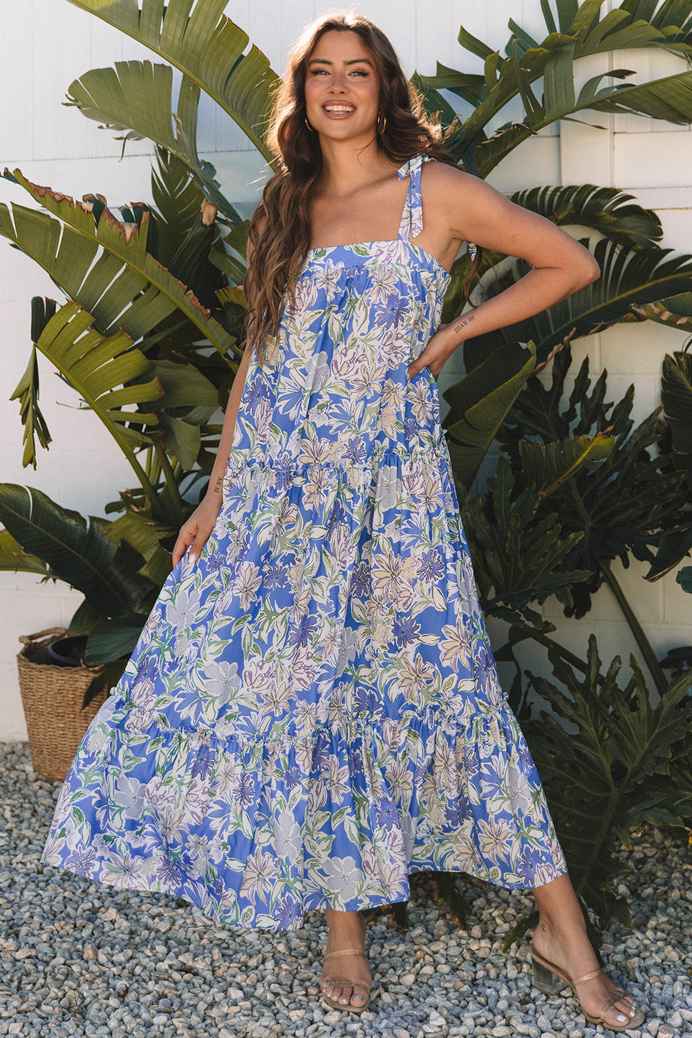 Sky Blue Floral Print Self-tie Straps Flowy Ruffle Long Dress