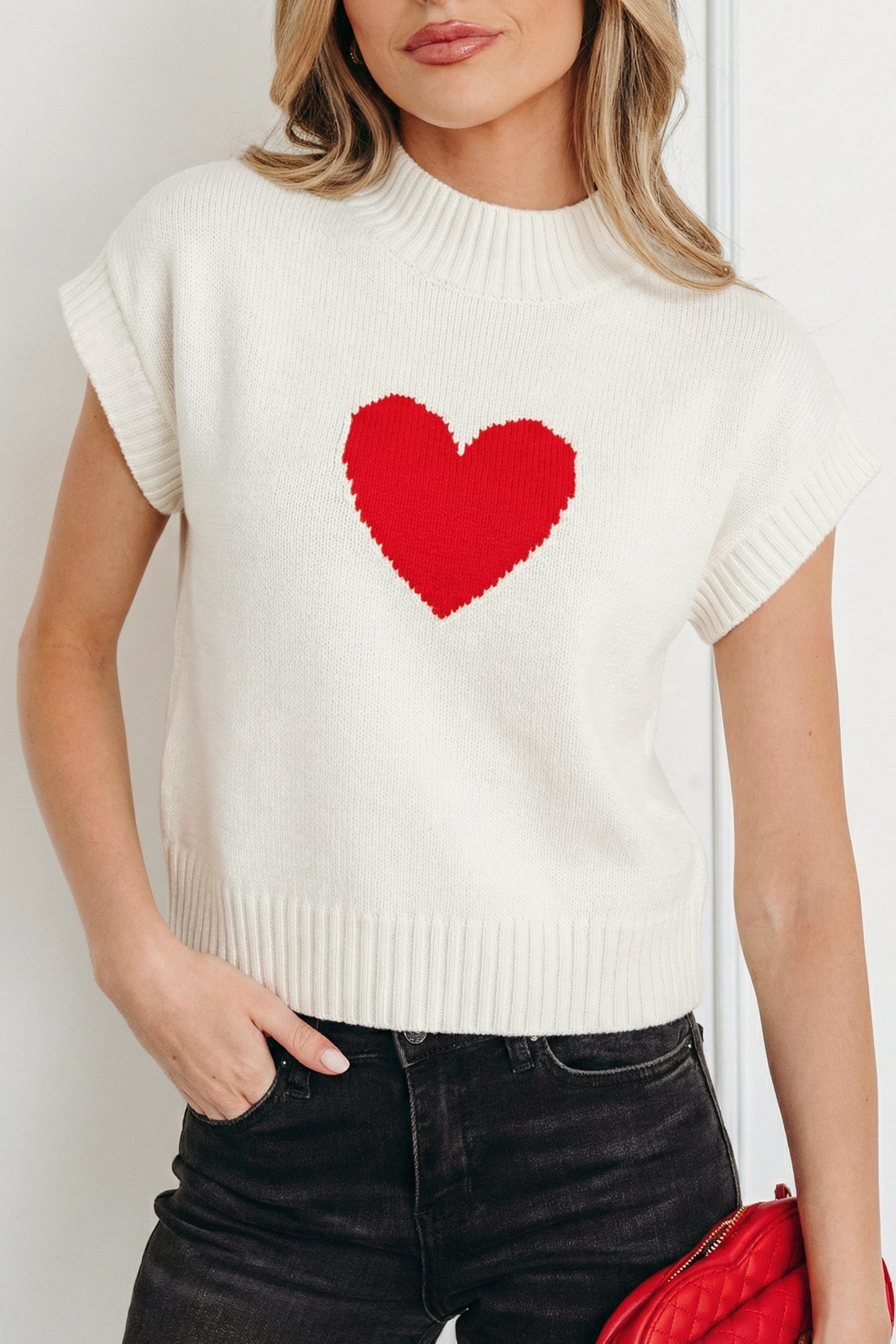 Pink Valentine Heart Graphic Cropped Short Sleeve Sweater