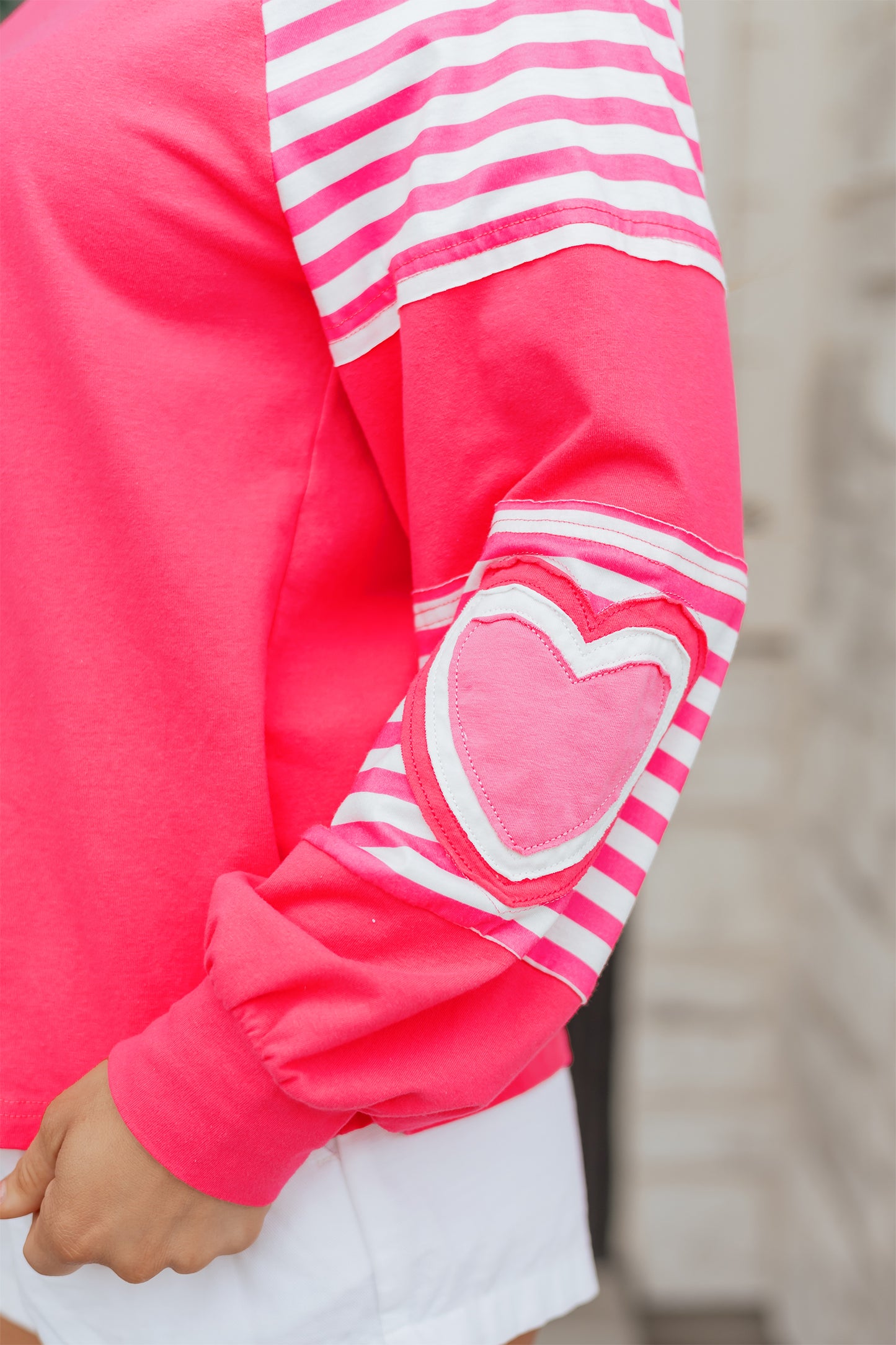 Strawberry Pink Heart Shape Striped Patchwork Long Sleeve Loose Top