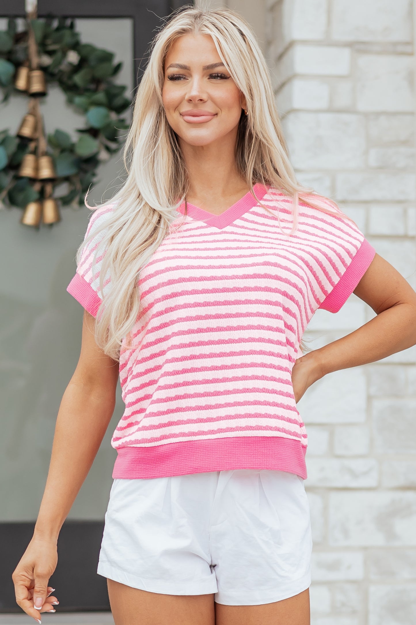Pink Stripe Textured Knit Contrast Trim V Neck Short Sleeve Top