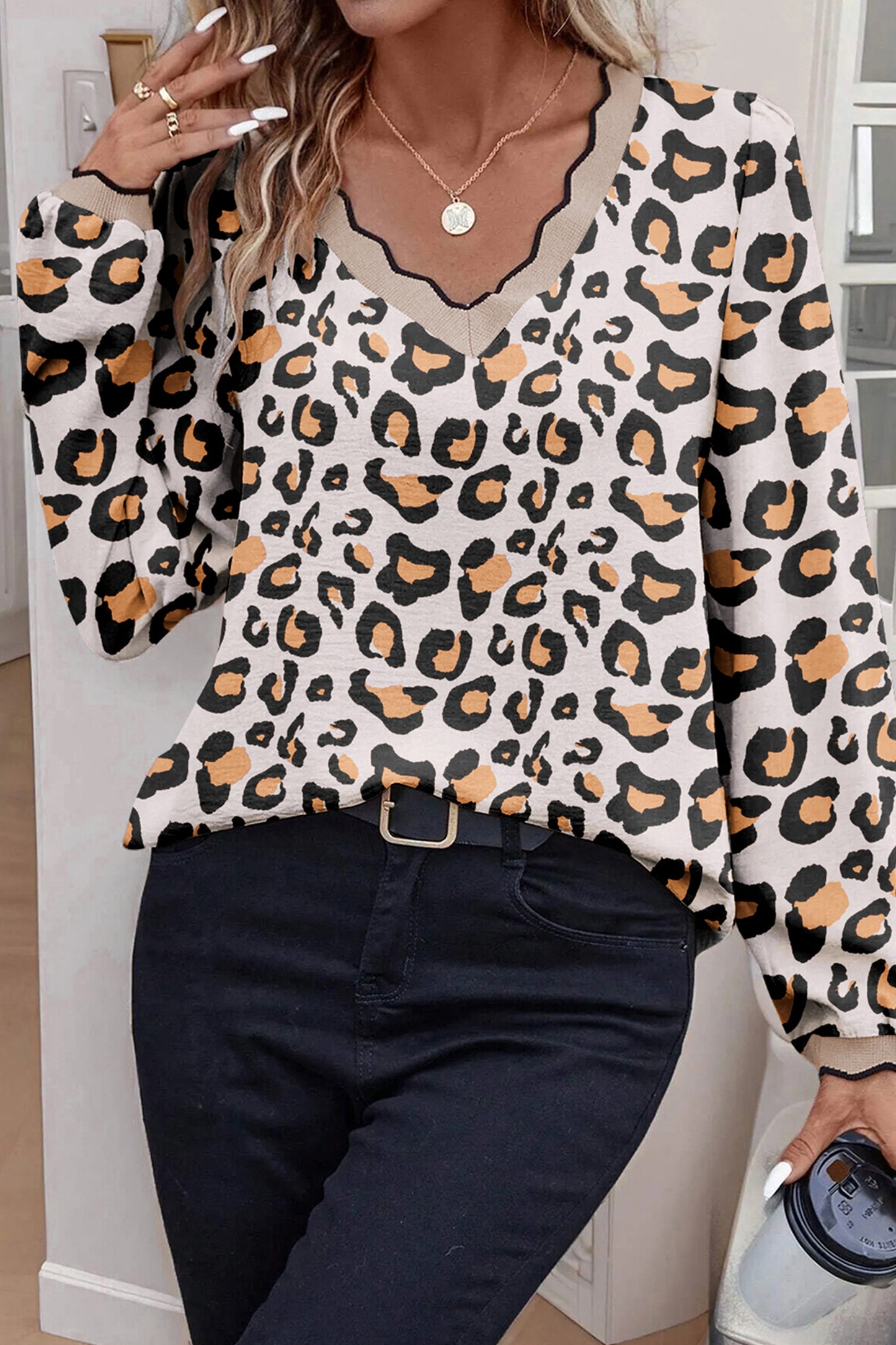 Khaki Leopard Print Contrast Scalloped V Neck Long Sleeve Blouse