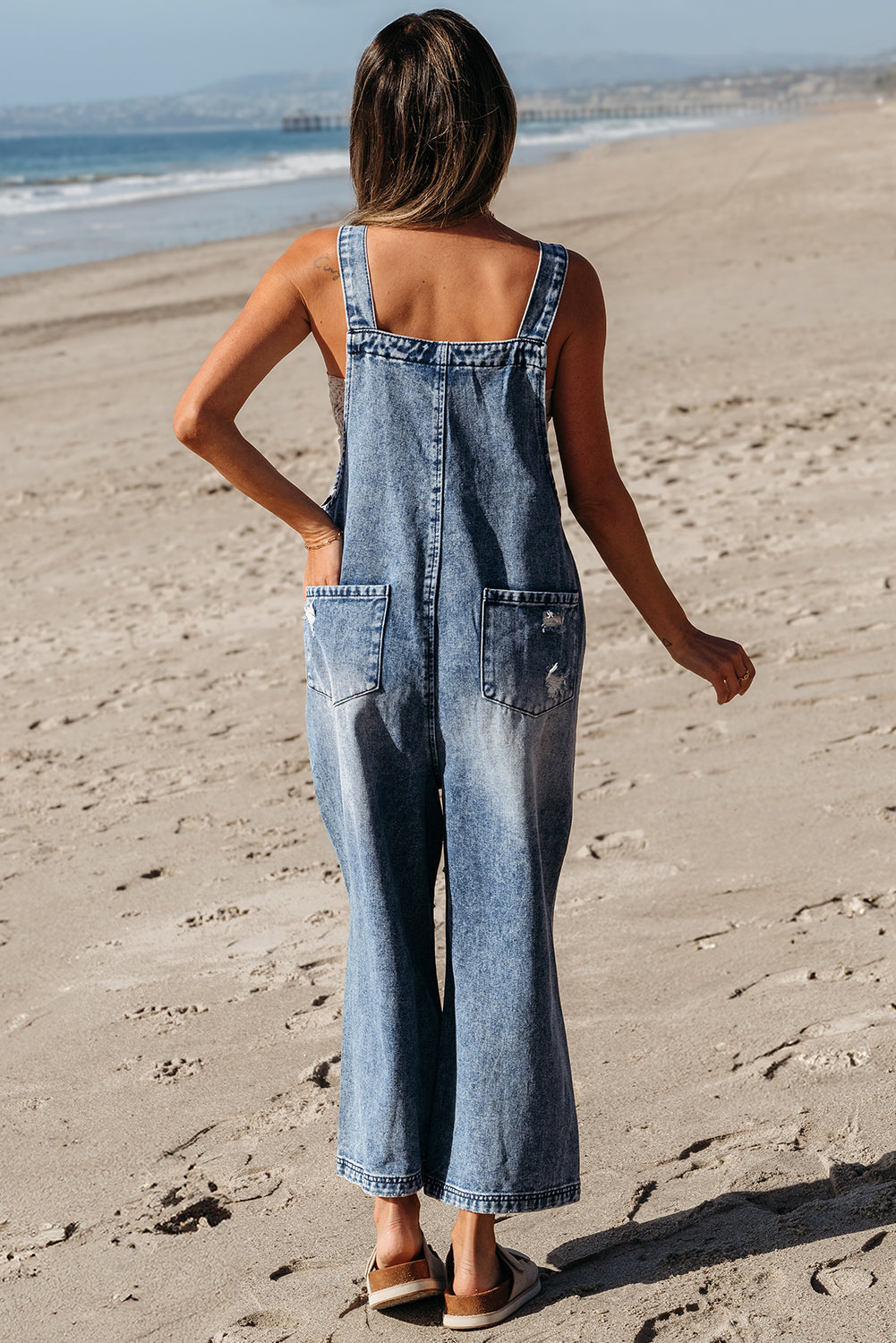 Black Distressed Bib Pocket Wide Leg Denim Overall