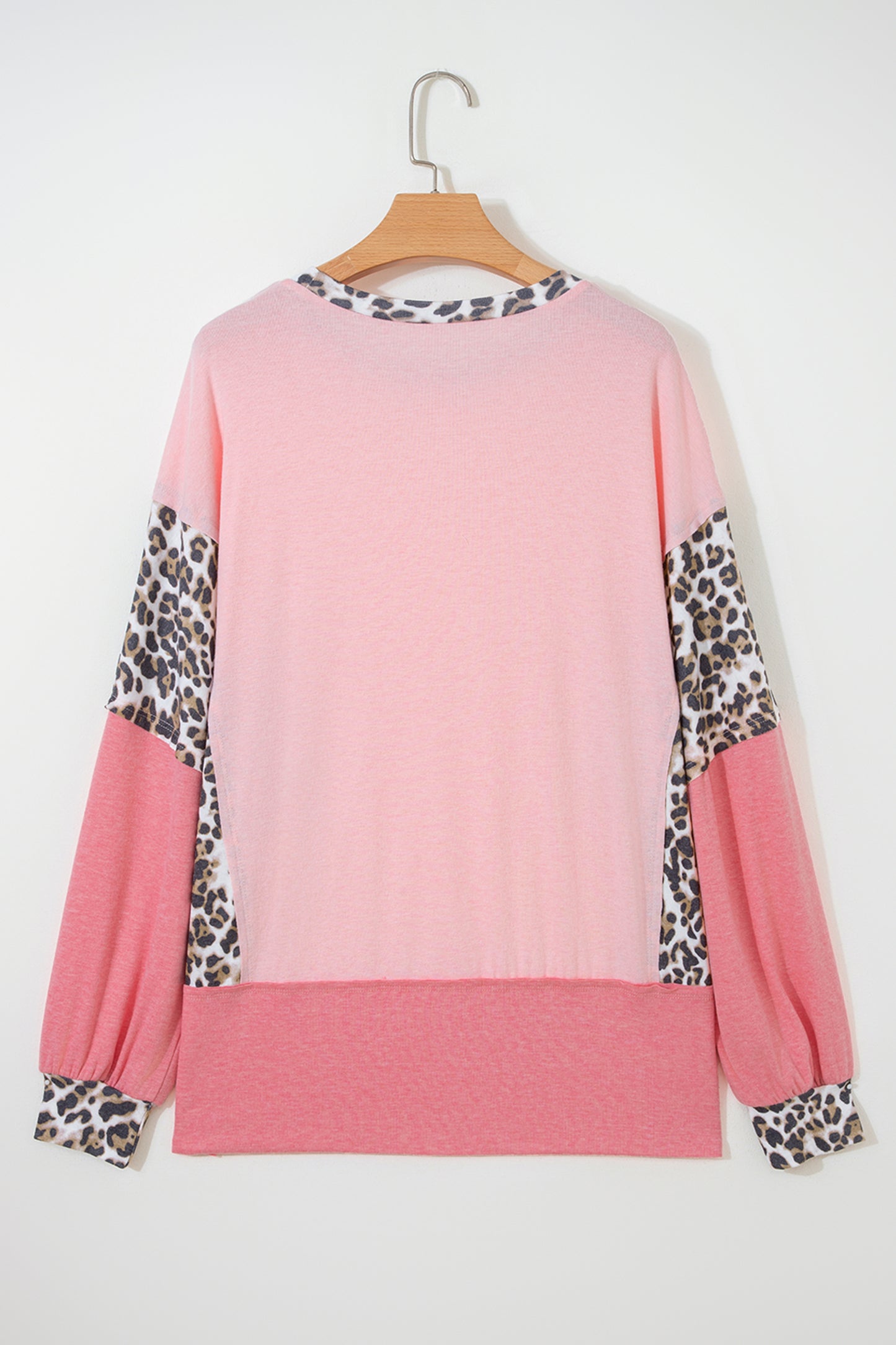 Light Pink Color Block Leopard Patchwork Dolman Sleeve High Low Baggy Sweatshirt