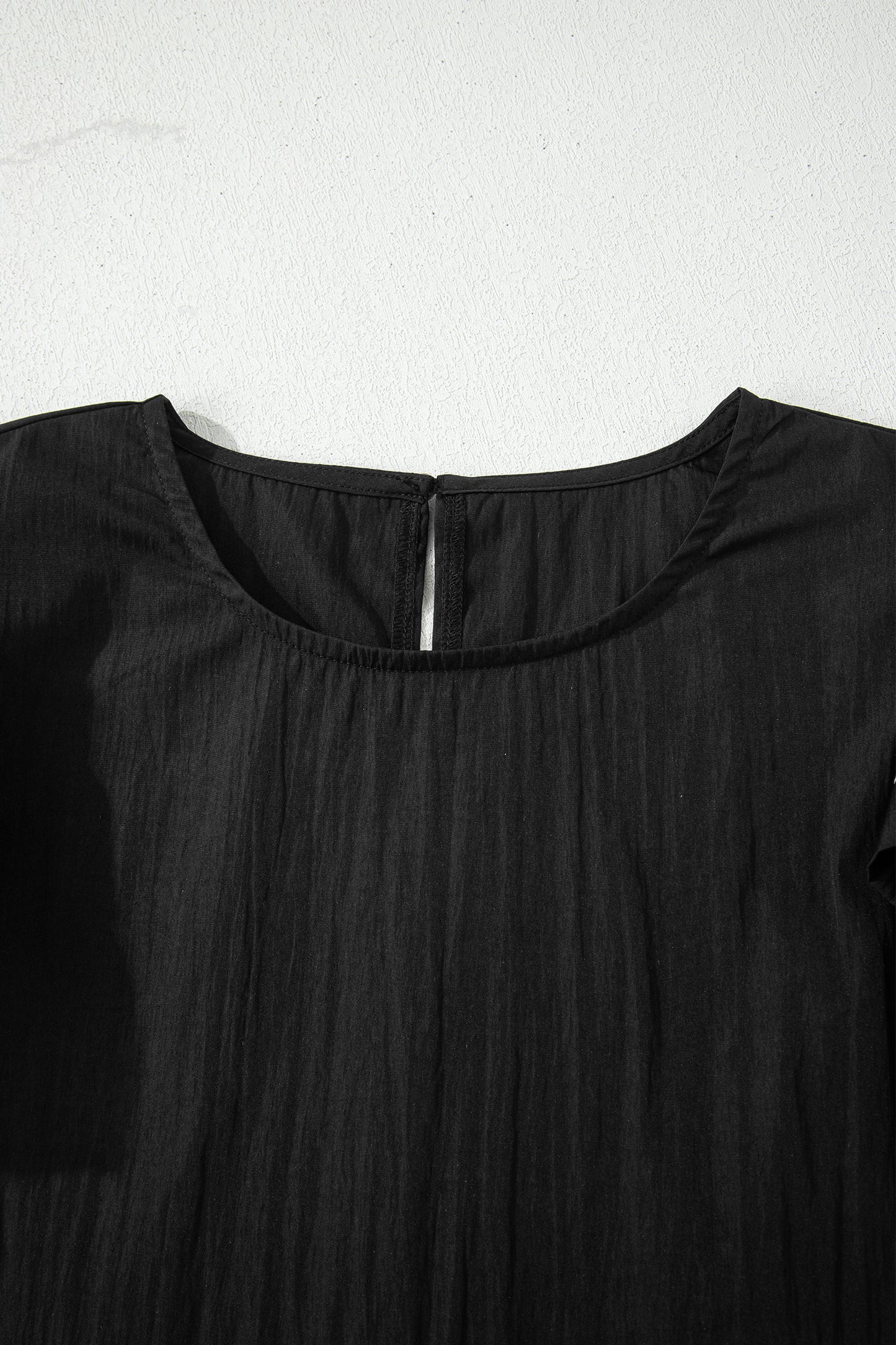 Black Contrast Trim Dual Ruffle Short Sleeve Textured Blouse