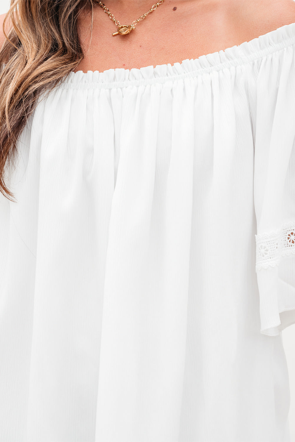 White Frilly Off Shoulder Lace Insert Sleeve Textured Blouse