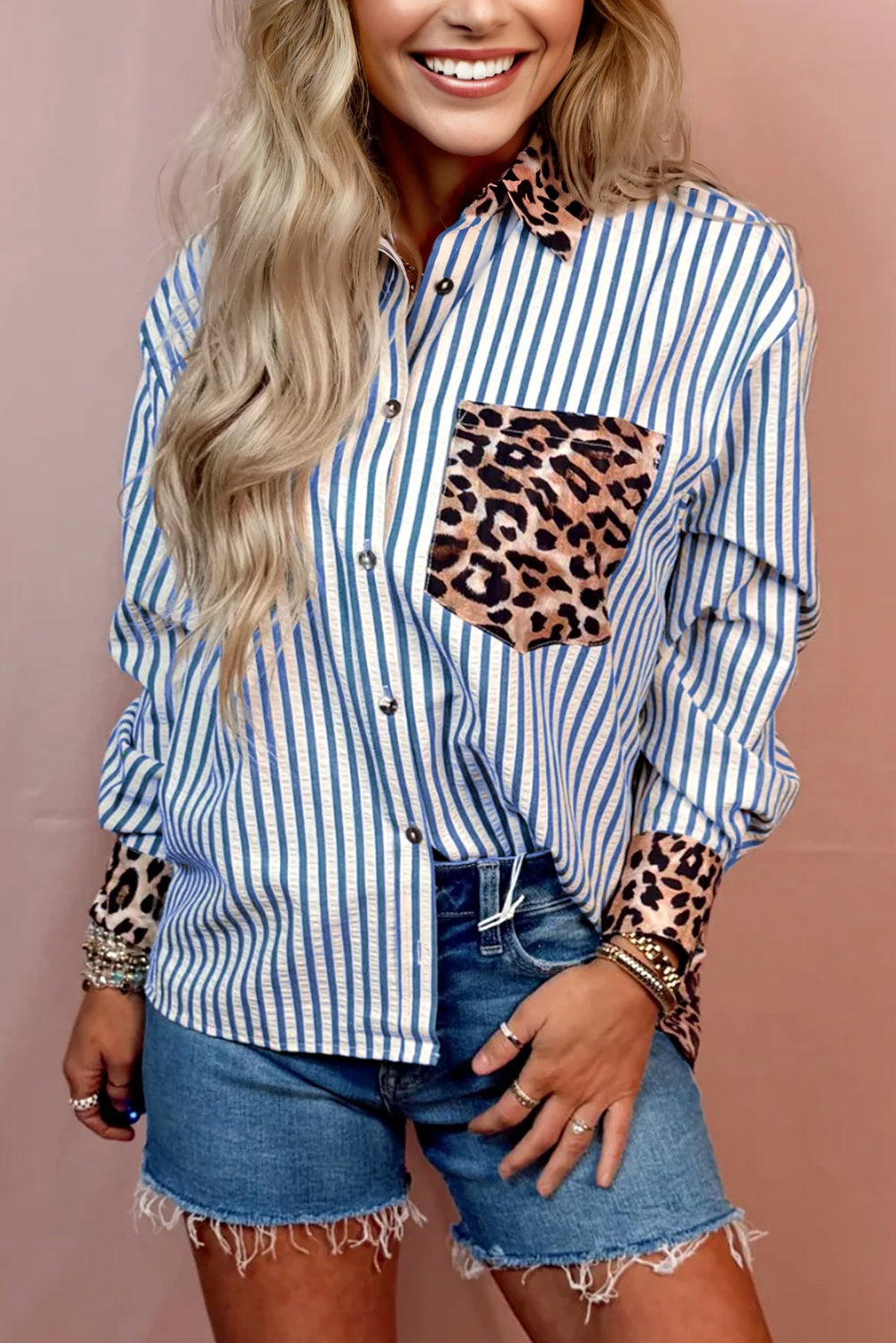 Black Striped Leopard Print Patchwork Button Up Womens Shirt