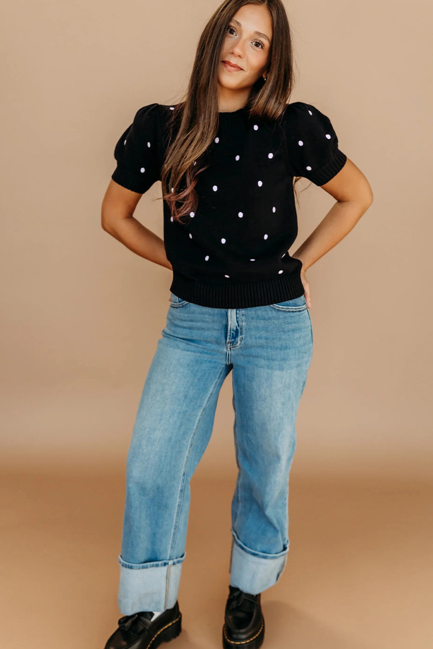 Chestnut Elegant Polka Dot Bubble Short Sleeve Sweater